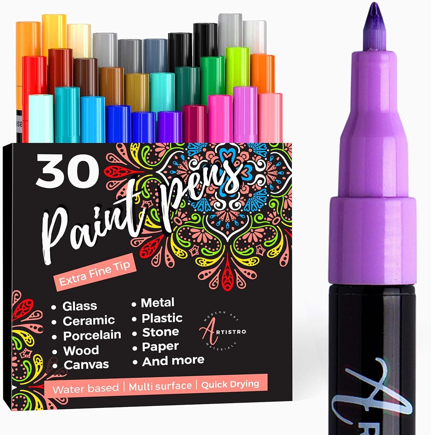Acrylic Paint Pens for Rock Painting, Stone, Ceramic, Glass, Wood, Mugs, Metal, Fabric, Canvas (30 Pack) 28 Assorted Colors + Extra Black & White Acrylic Paint Markers. Extra Fine Tip 0.7mm