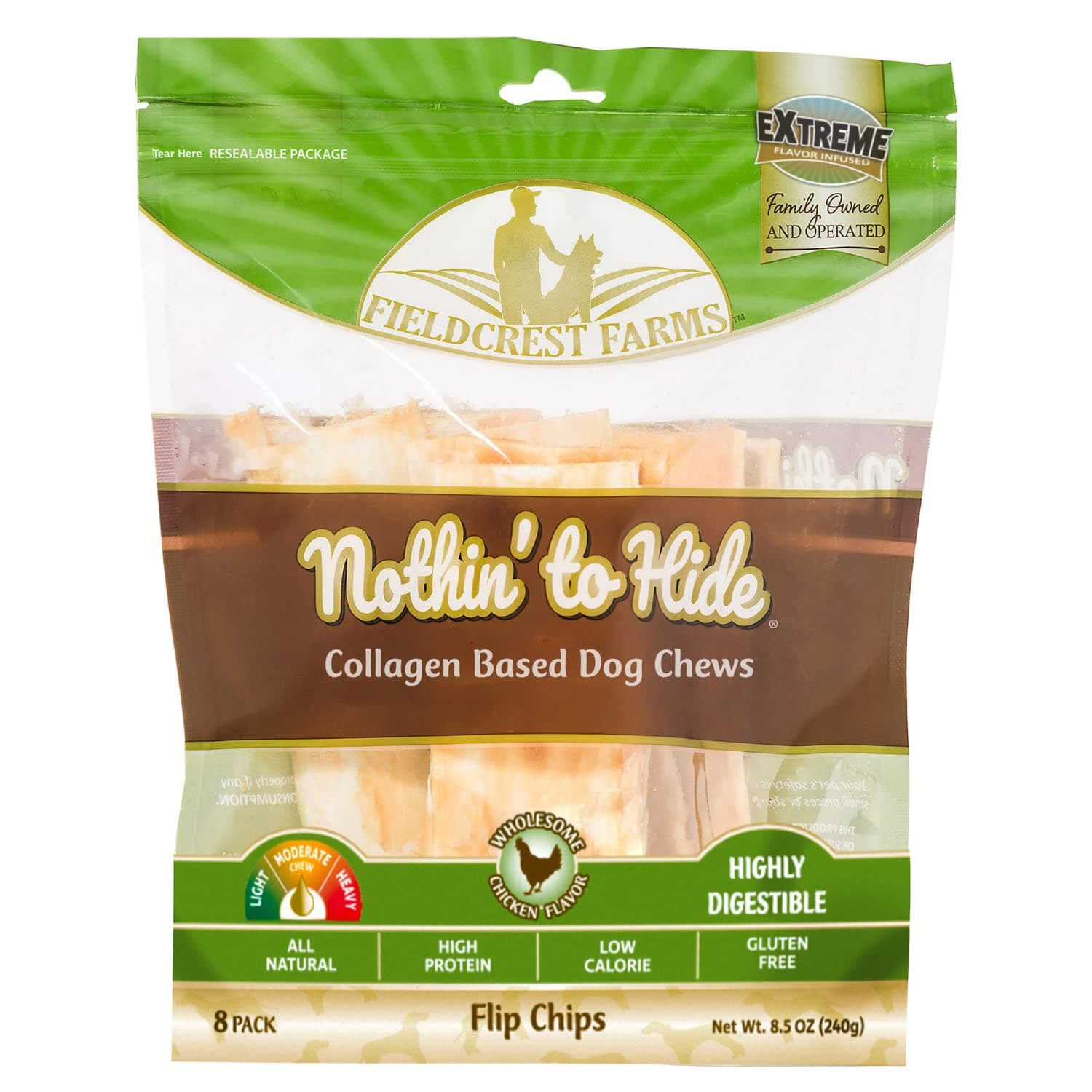 Fieldcrest Farms Nothin to Hide Flip Chips Dog Chews - Natural Rawhide Alternative Treats for Dogs, Collagen Based Snack for Moderate Chewers Up to 35lbs, Chicken Flavor
