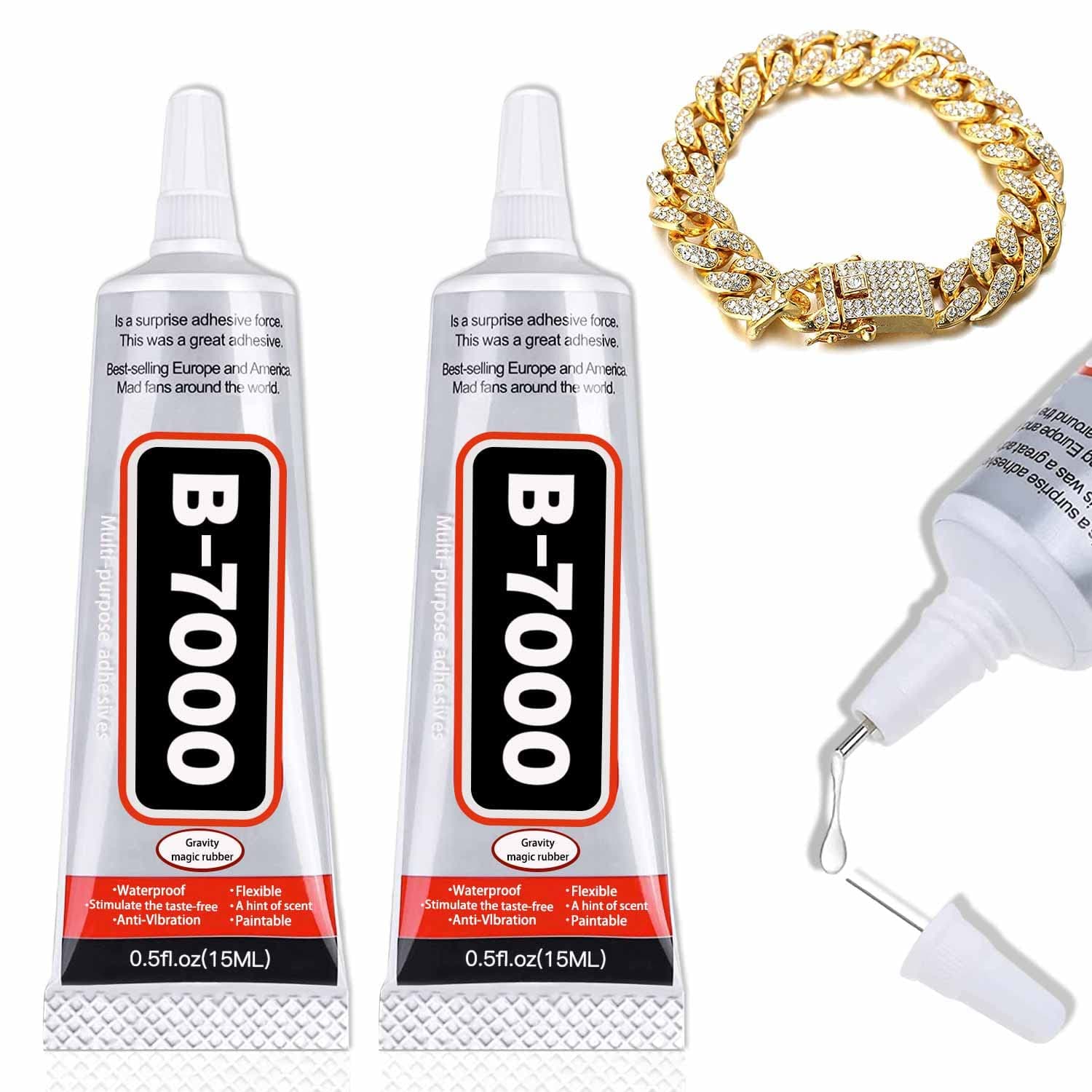 Jewelry and Bead Instant Adhesive Transparent,B-7000 Jewelry Glue for Metal and Stone, Multi-Function Glues Paste Adhesive Suitable for Glass,Wooden, Jewelery, 0.5 oz, 2 Packs