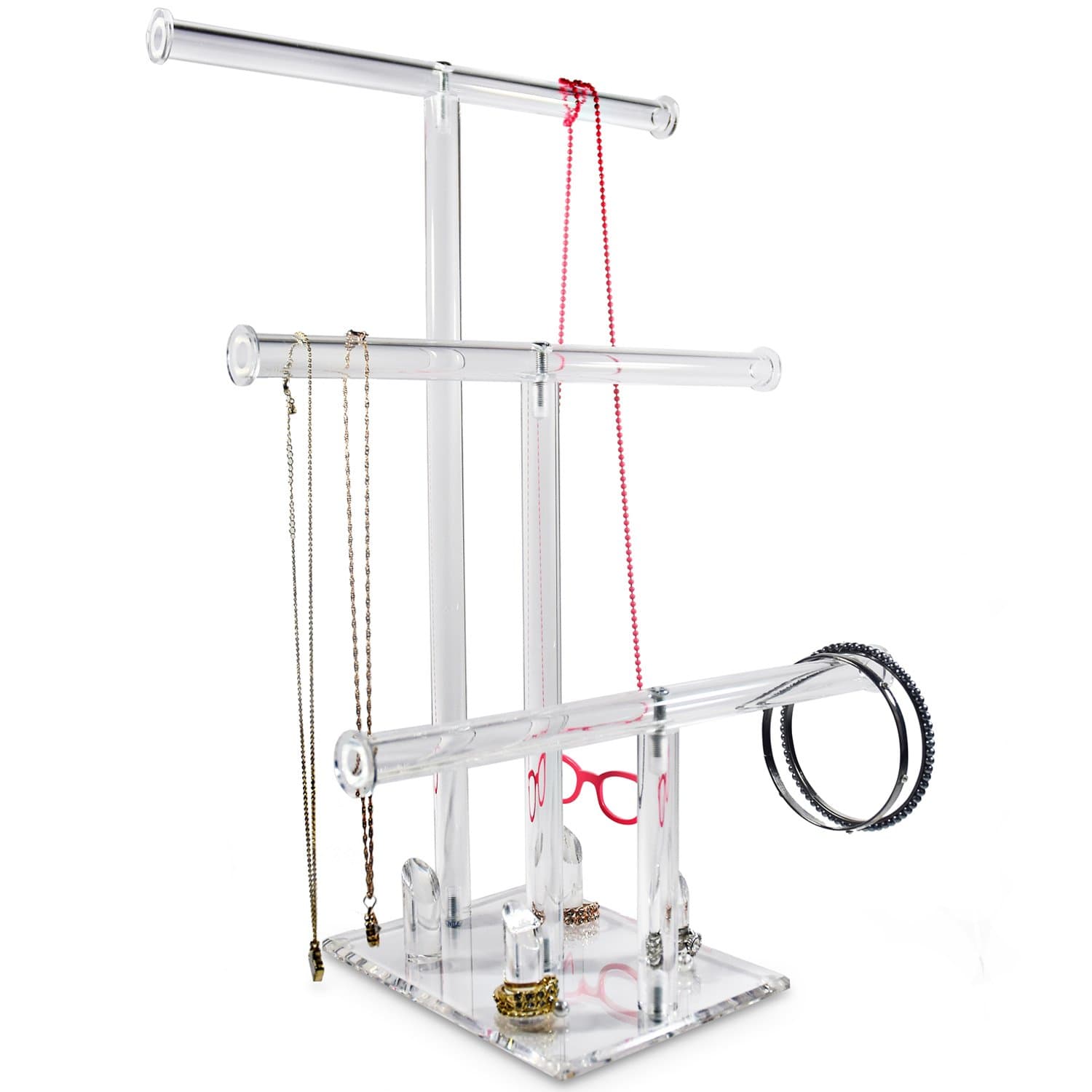 Ikee Design3-Tier Acrylic Bracelet Necklace Bangle Jewelry Display Holder Stand with Ring Holder for Store, Tradeshow, Showcase and Home decor, Clear, 10 W x 6 1/4 D x 14 1/2 H in