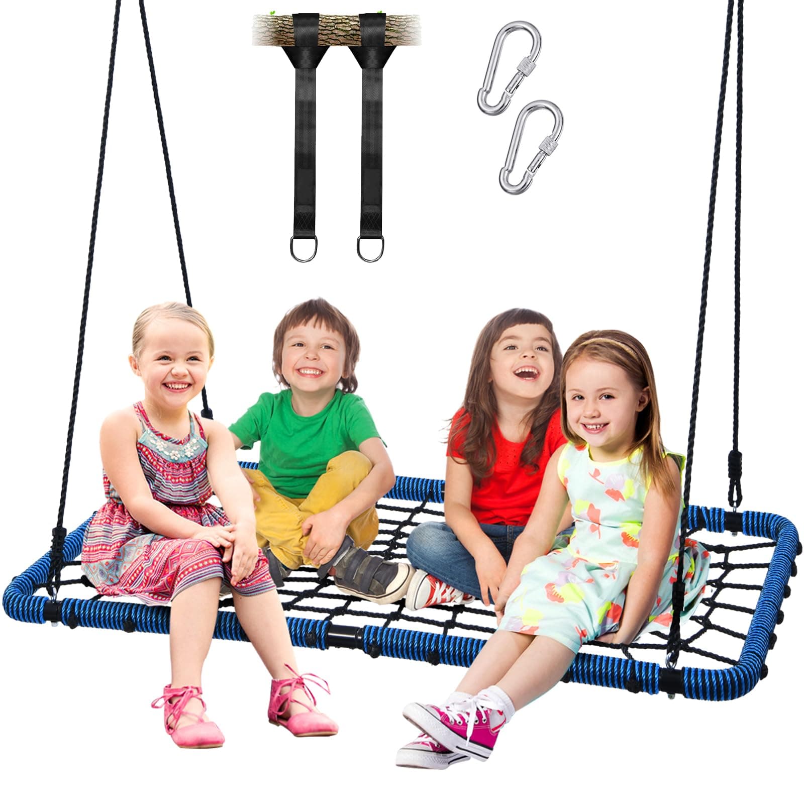 Trekassy 60" Large Spider Web Tree Swing for Kids Adults with 2pcs Hanging Straps, Steel Frame and Adjustable Ropes Blue