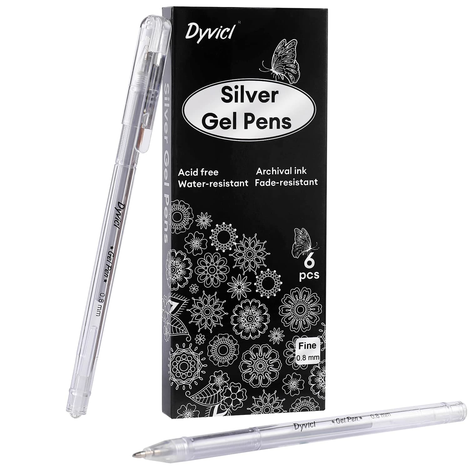 Dyvicl Metallic Silver Gel Pens, 0.8 mm Fine Pens Gel Ink Metallic Gel Pens for Black Paper Drawing, Sketching, Illustration, Adult Coloring, Journaling, Set of 6