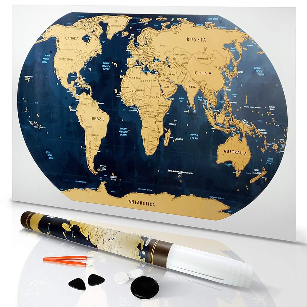 JACS Scratch Off Map of The World Poster with Detailed United States - Includes Travel Tube and Scratchable Accessories - 32 x 17.5 in