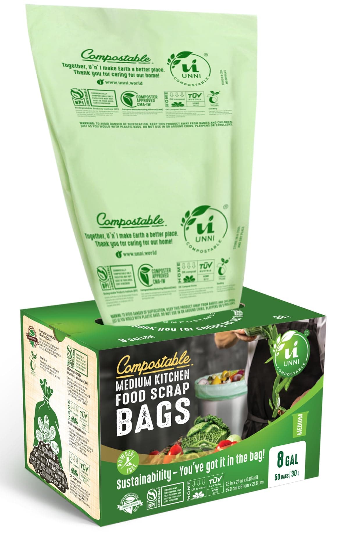 UNNI ASTM D6400 100% Compostable Trash Bags, 6-8 Gallon, 30L, 50 Count, Heavy Duty 0.85 Mils, Medium Home Garbage Liners
