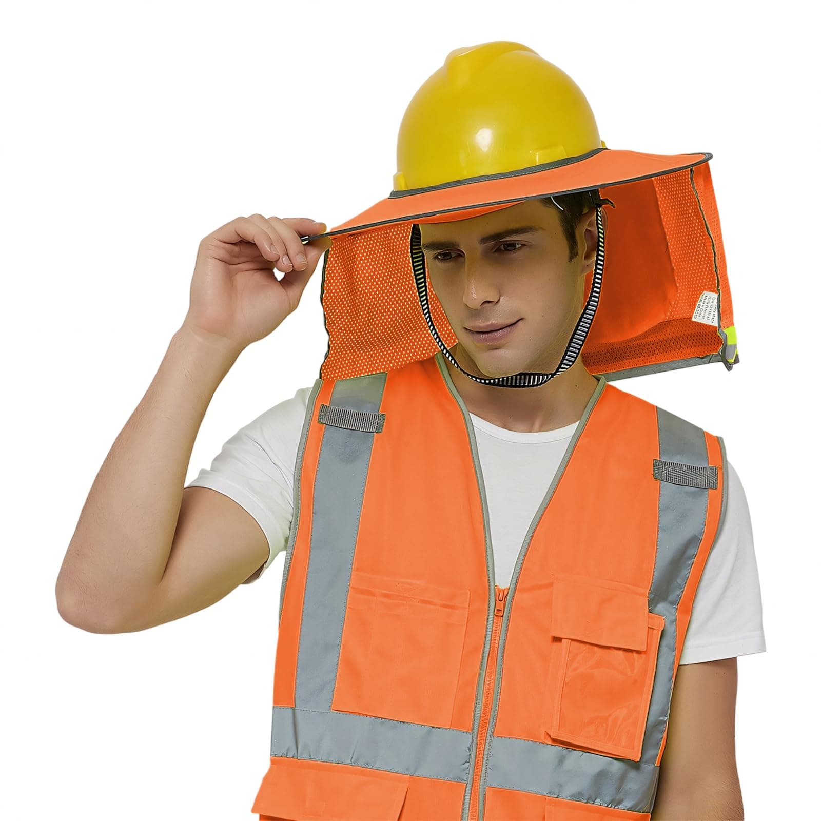TOPTIE Hard Hat Sun Shield, Full Brim Mesh Neck Sun-Shade with Visor for Hardhats, High Visibility and Reflective