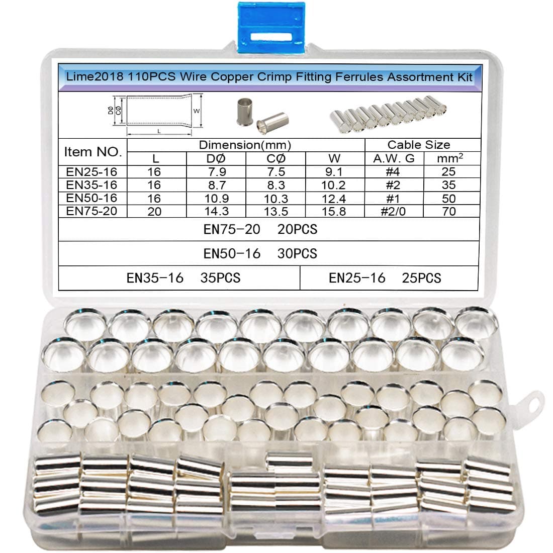 Lime2018 (110PCS Crimp Fitting) - 110PCS Wire Copper Crimp Fitting Ferrules :(4Types gauge: AWG 4,2,1,2/0) Non Insulated Cable Housing Ferrule Pin Cord End Terminal Kit. Widely Used In Electronics,...