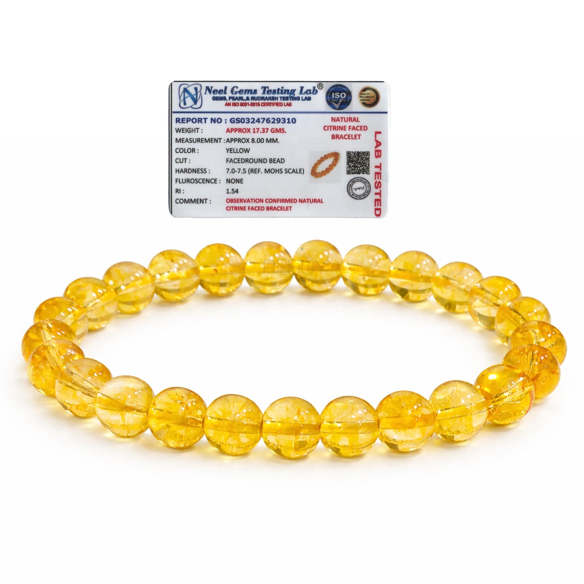 REBUY Citrine Bracelet | Natural Crystal Healing Gemstone Attracts Wealth & Success, Promotes Positivity & Confidence | Certificate of Authenticity Natural Citrine Stone Bracelet for Men & Women | 8mm