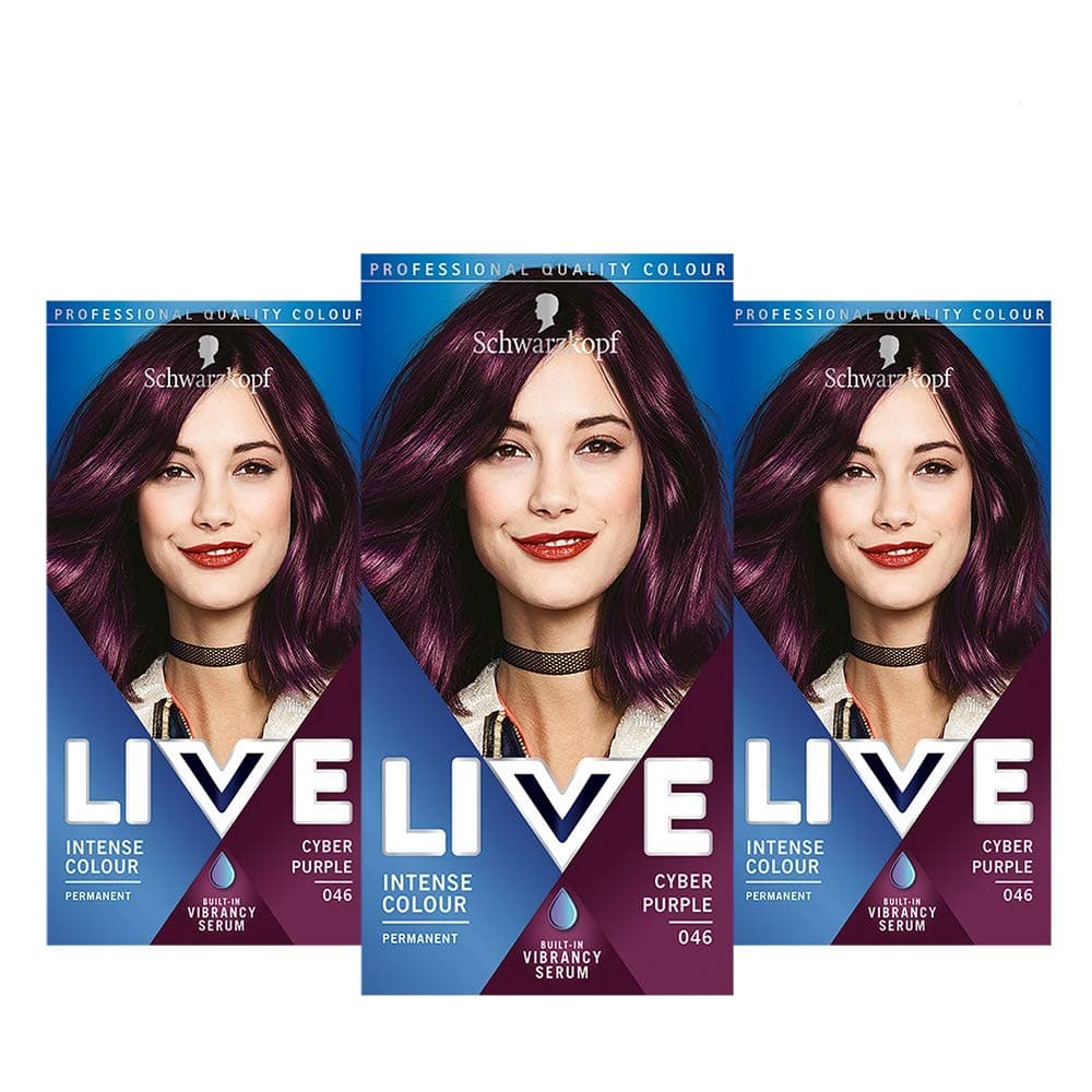 Schwarzkopf Live Intense Colour Purple Hair Dye, 3-Pack Permanent Colour with Vibrancy Serum, 046 Cyber Purple
