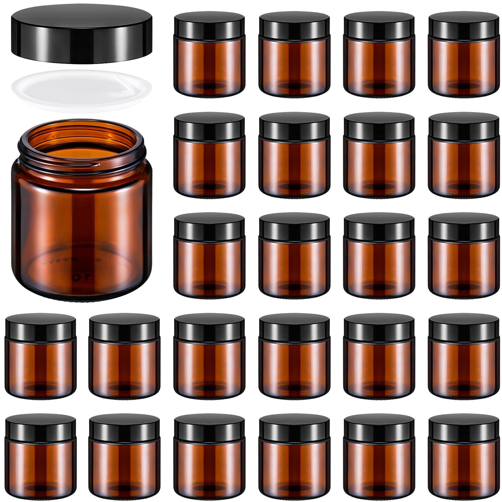 Norme 24 Pcs 4 oz Glass Jars with Lids Leakproof Round Airtight Empty Cosmetic Jars with Inner Liners Lid for Storing Lotions Powder Ointments Candle Making Tins (Black,Amber)