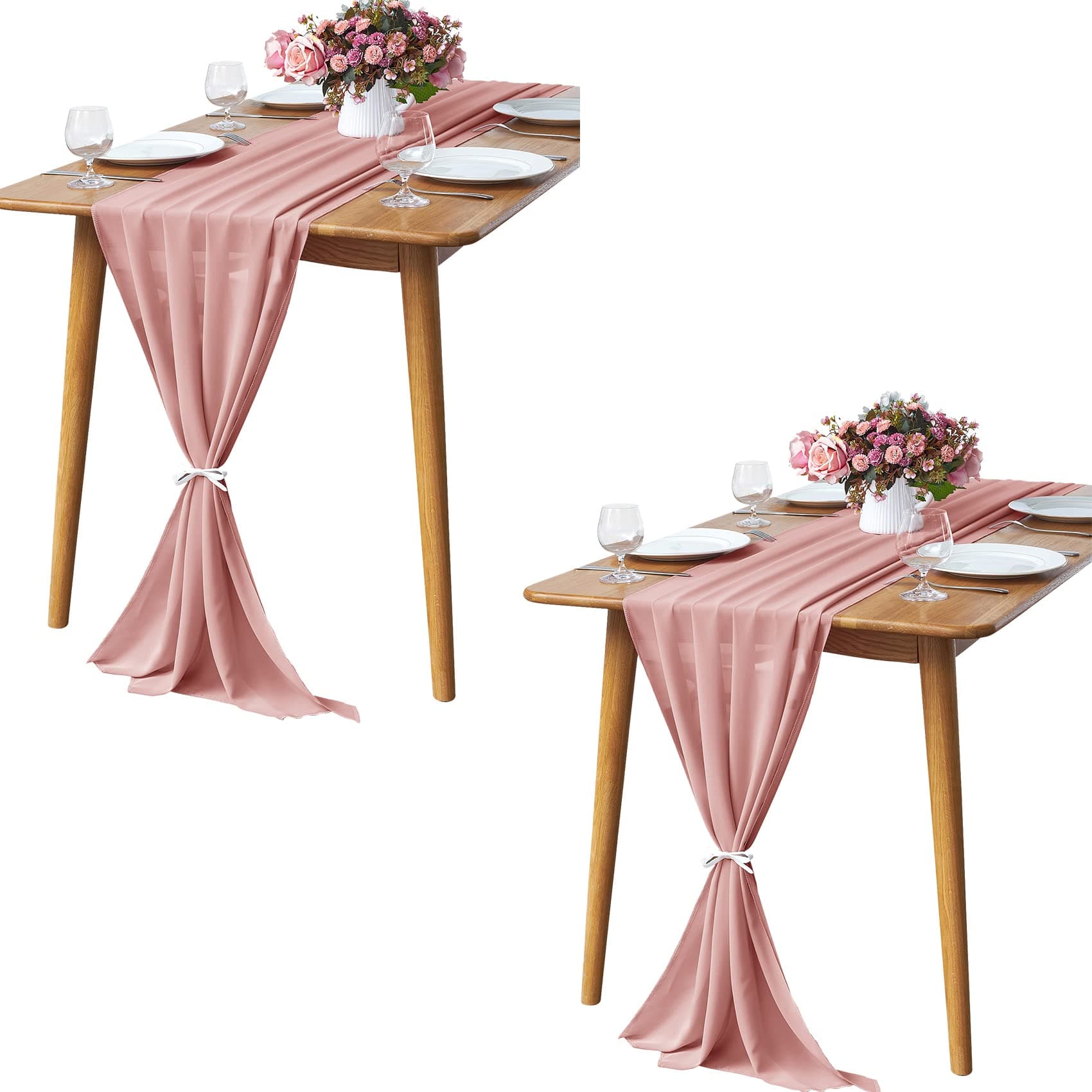 2 Pack 10Ft Dusty Rose Chiffon Table Runner Sheer 29x120 Inch for Romantic Wedding Decor Bridal & Baby Shower Birthday Rustic Party Decoration