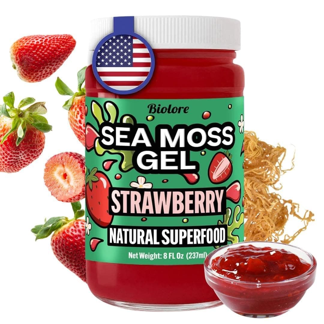 Biolore Strawberry Sea Moss Gel Made in USA Raw Wildcrafted Irish Seamoss, Essential Vitamins, Trace Minerals, Vegan Superfood, Trial Size 8 Fl Oz (Pack of 1)