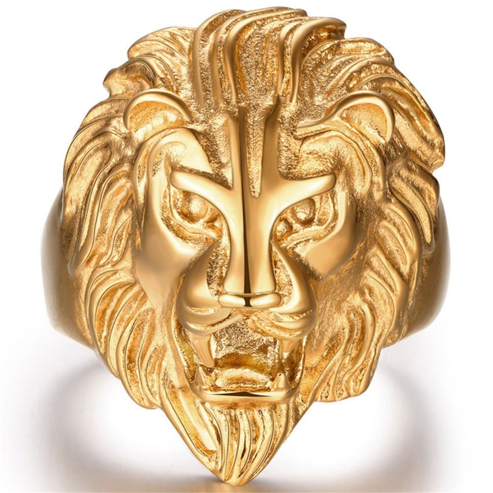 Stainless Steel Vintage Big 18k Gold Lion Head Punk Rock Gothic Ring Mens Biker Personalized Cool Band