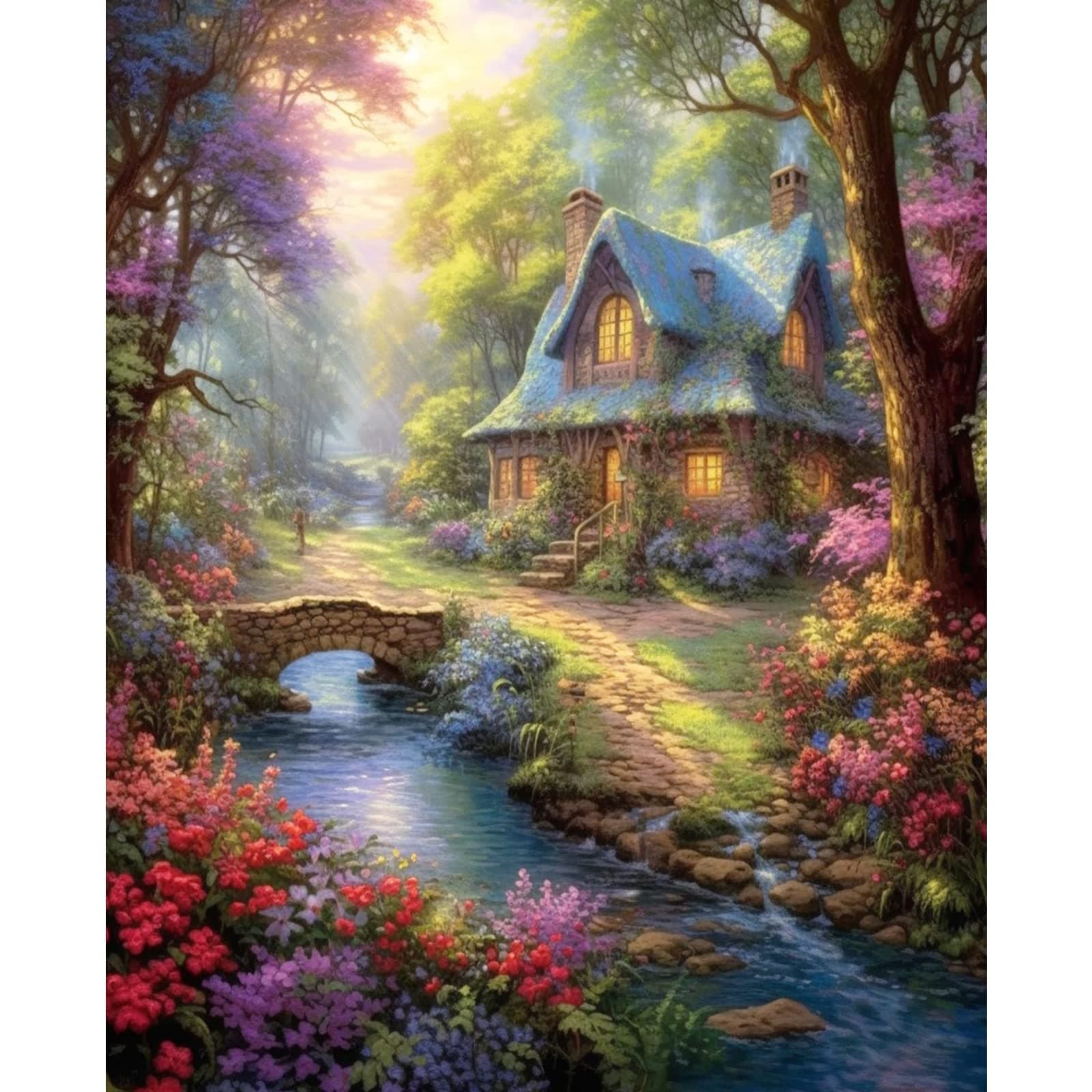 Tucocoo Flowers House Paint by Number for Adults, DIY Digital Oil Painting Kits on Canvas with Brushes and Acrylic Pigment Stream Forest Landscapes Picture for Home Decor Gifts 16x20inch (Frameless)