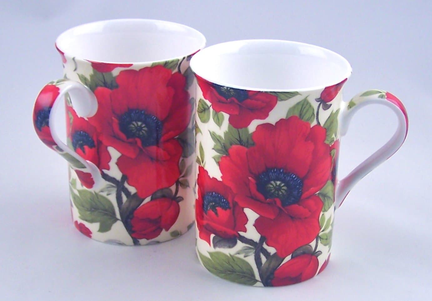 Fine English Bone China Mugs - Poppy Chintz - Heath McCabe - Set of Two