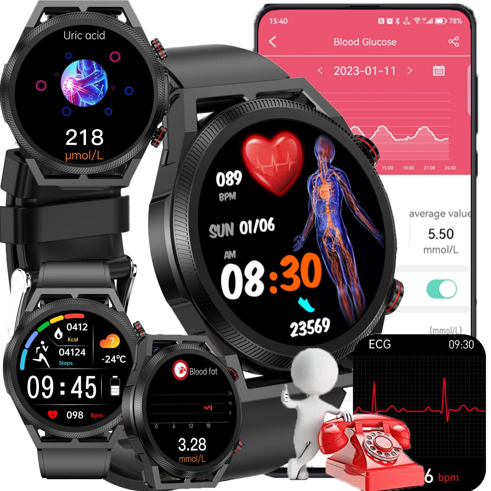 Blood Glucose Smart Watch, ECG HRV Fitness Tracker with Heart Rate Blood Pressure Uric Acid Measurement, Blood Lipid Monitoring, 20 Sports Modes, Text & Call, for Men & Women,Black