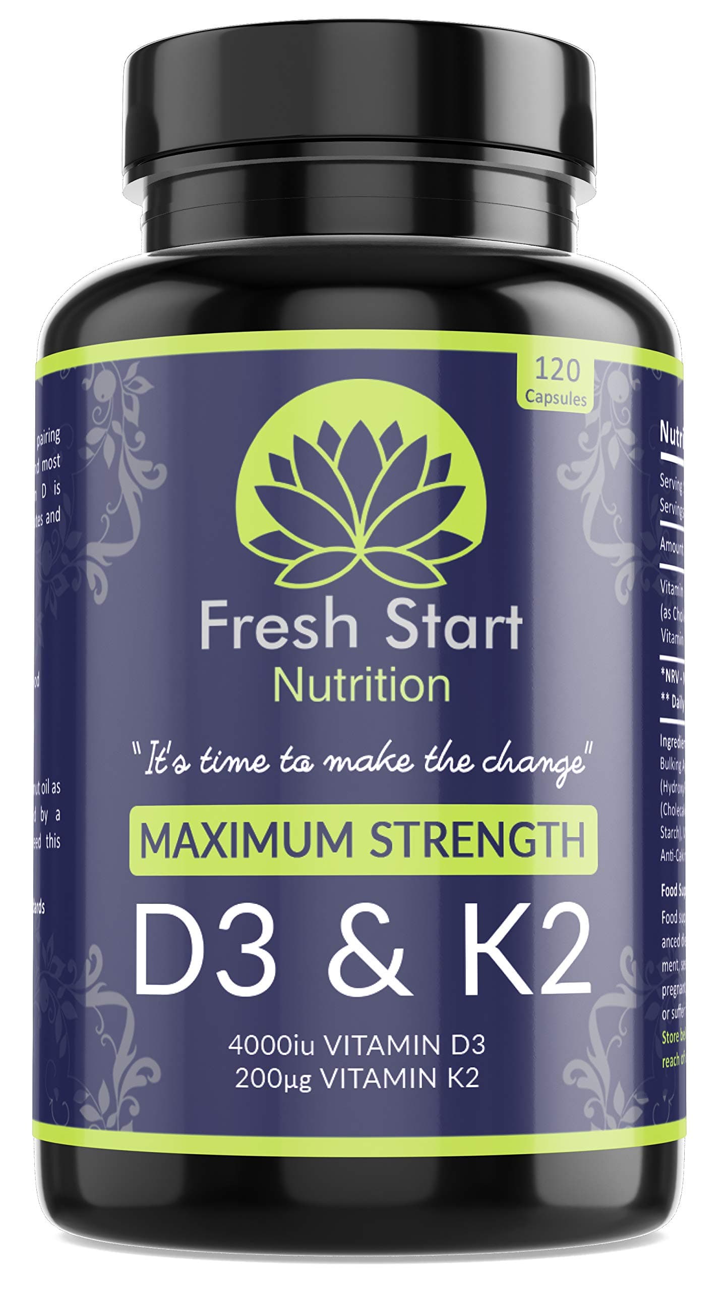 Fresh Start Nutrition Vitamin D3 4000 IU and Vitamin K2 200μg MK7 - Vitamin D3 K2 High Strength Supplement - 120 Capsules 4 Month Supply Cholecalciferol - K2 Menaquinone-7 - Made in The UK