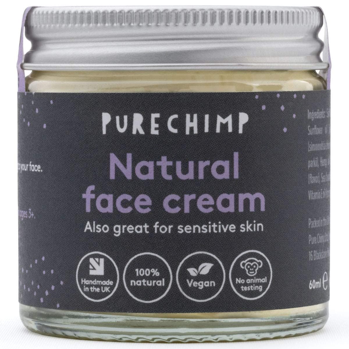 Natural Face Cream 60ml by PureChimp - Recyclable Glass + Aluminium Lid - Jojoba & Sea Buckthorn - Vegan - Alcohol & Palm Oil Free For Sensitive Skin (60ml)