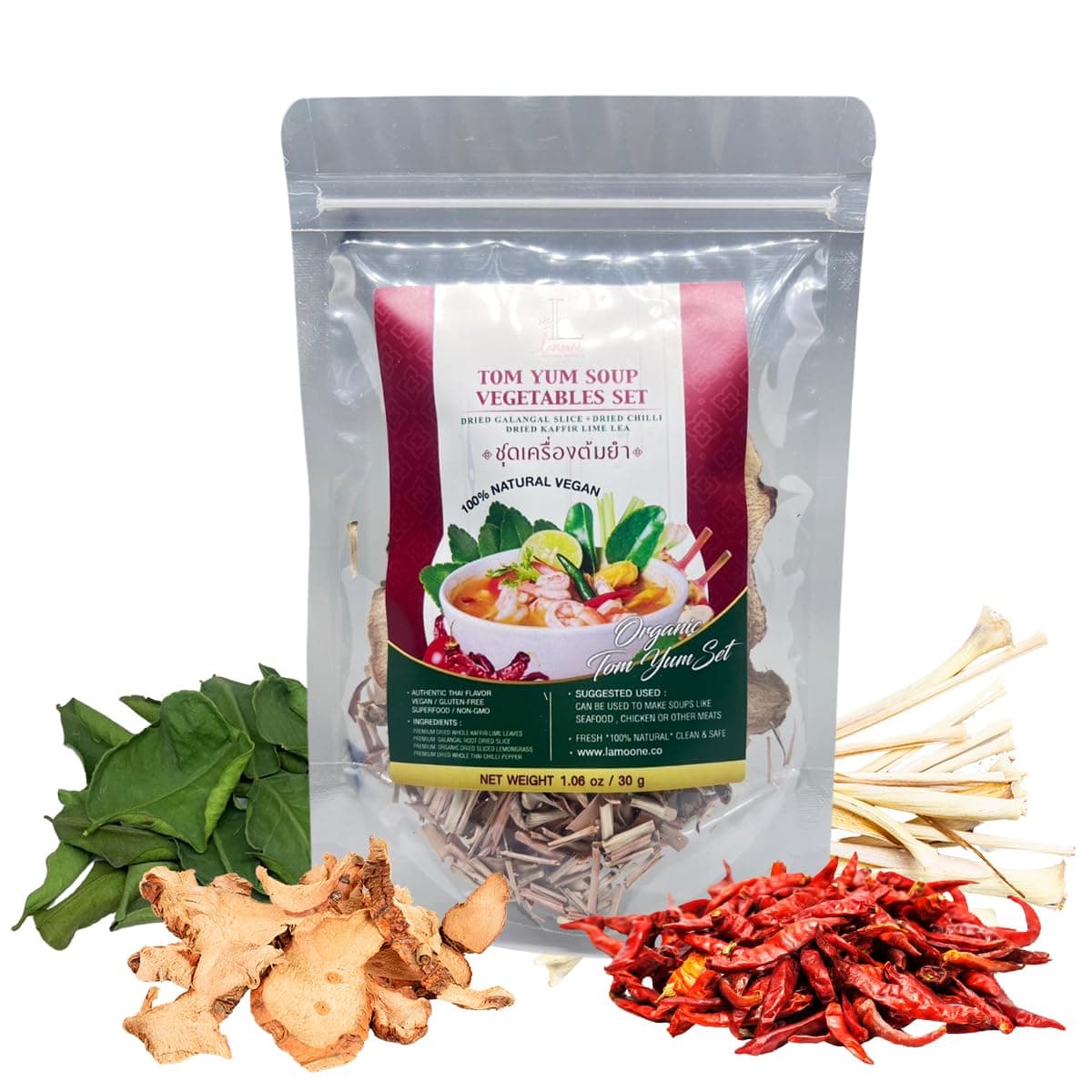 Thai Tom Yum & Tom Kha Soup Spice Mix, Authentic Thai Herbs & Chili, Lemongrass Galangal Lime Leaves, 30g (1.06 oz), Makes 2–4 Servings