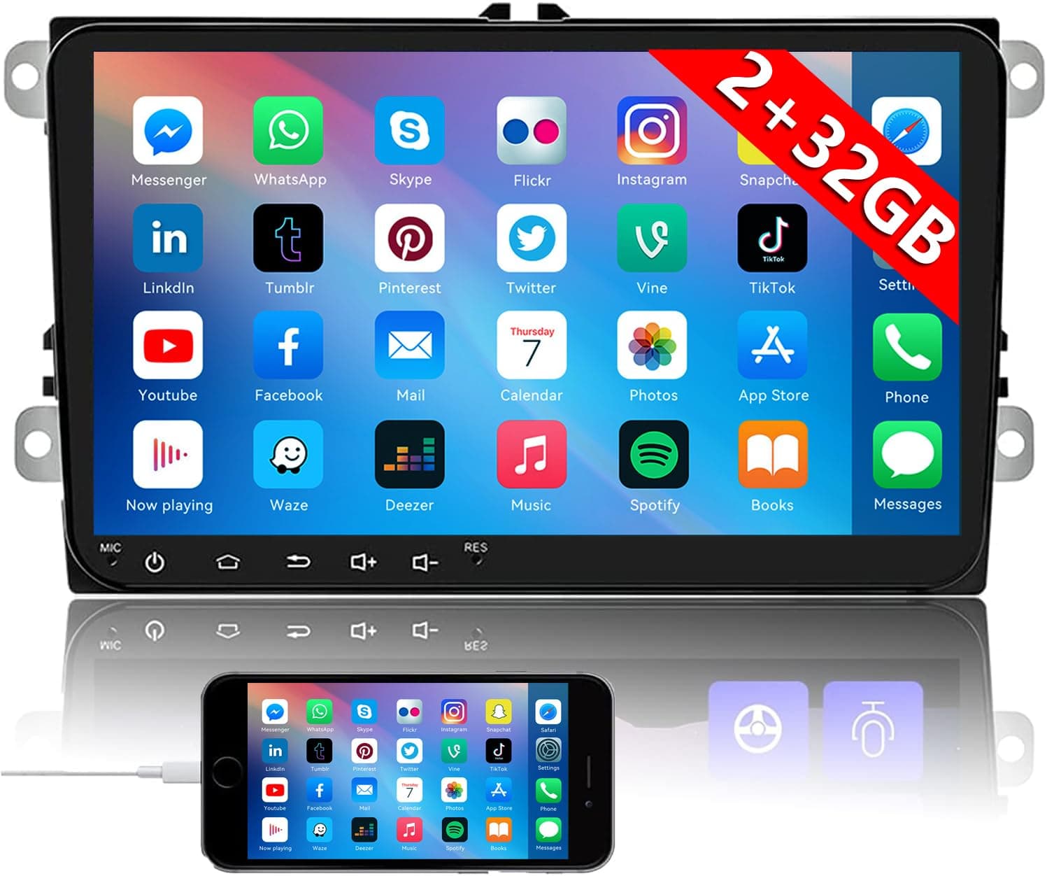 CAMECHO Double Din Car Stereo for VW GPS 9'' Touch Screen Bluetooth Car Stereo Support WIFI/FM Radio Receiver/Dual USB for Golf Touran Tiguan Seat Altea(2G+32G)