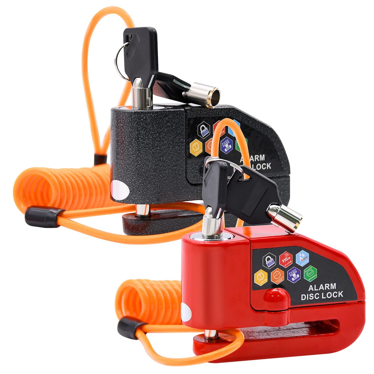 RUBY.Q Alarm Disc Lock Set, 2pcs Brake Lock, Anti-Theft Waterproof 110 dB 7mm Pin 5ft Reminder Cable for Motorcycles Bike Scooter Carry Pouch (Black+Red)