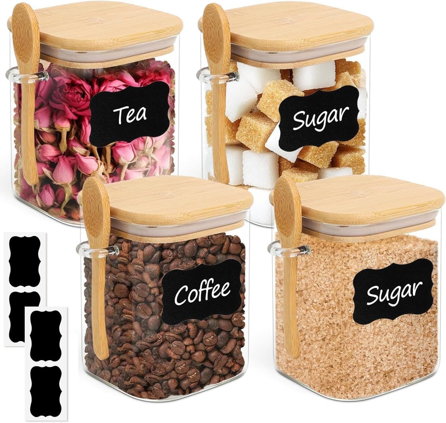 800ml Glass Jars with Bamboo Lids & Spoons Set of 4, Square Glass Containers with Lids, Tea Sugar Coffee Containers Salt Spice Jars, Pantry Storage Container for Loose Tea, Brown Sugar, Nuts