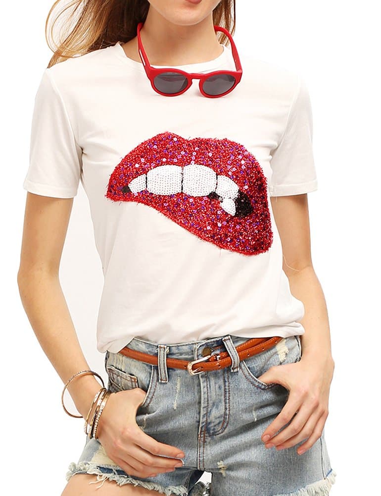 Women's Sequined Sparkely Glittery Lip Print T Shirt Cute Embroidery Teen Girls Tops