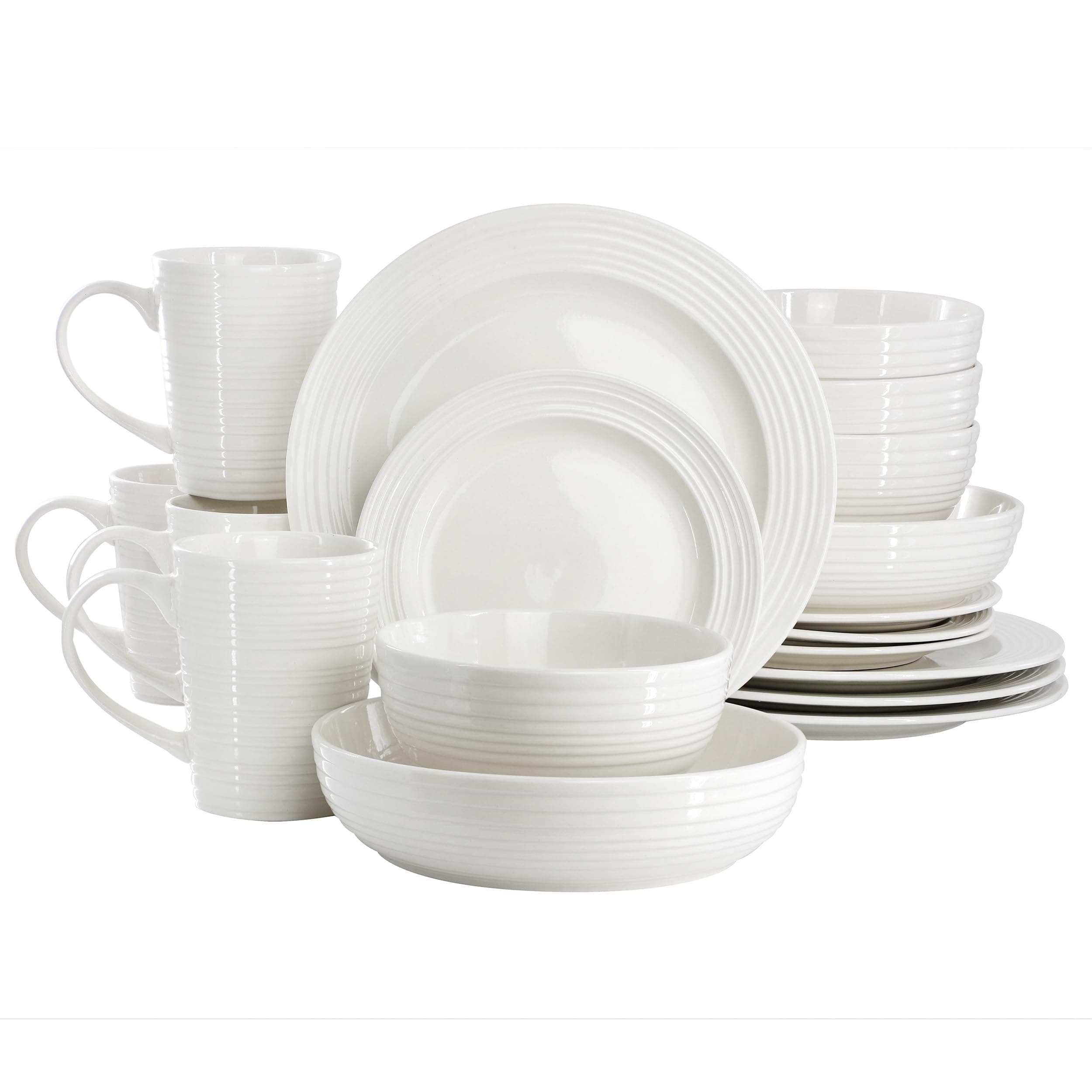 Elama Nikki 18 Piece Ribbed White Porcelain Dinnerware and Serving Bowl Set, Tableware Setting, Service for 4