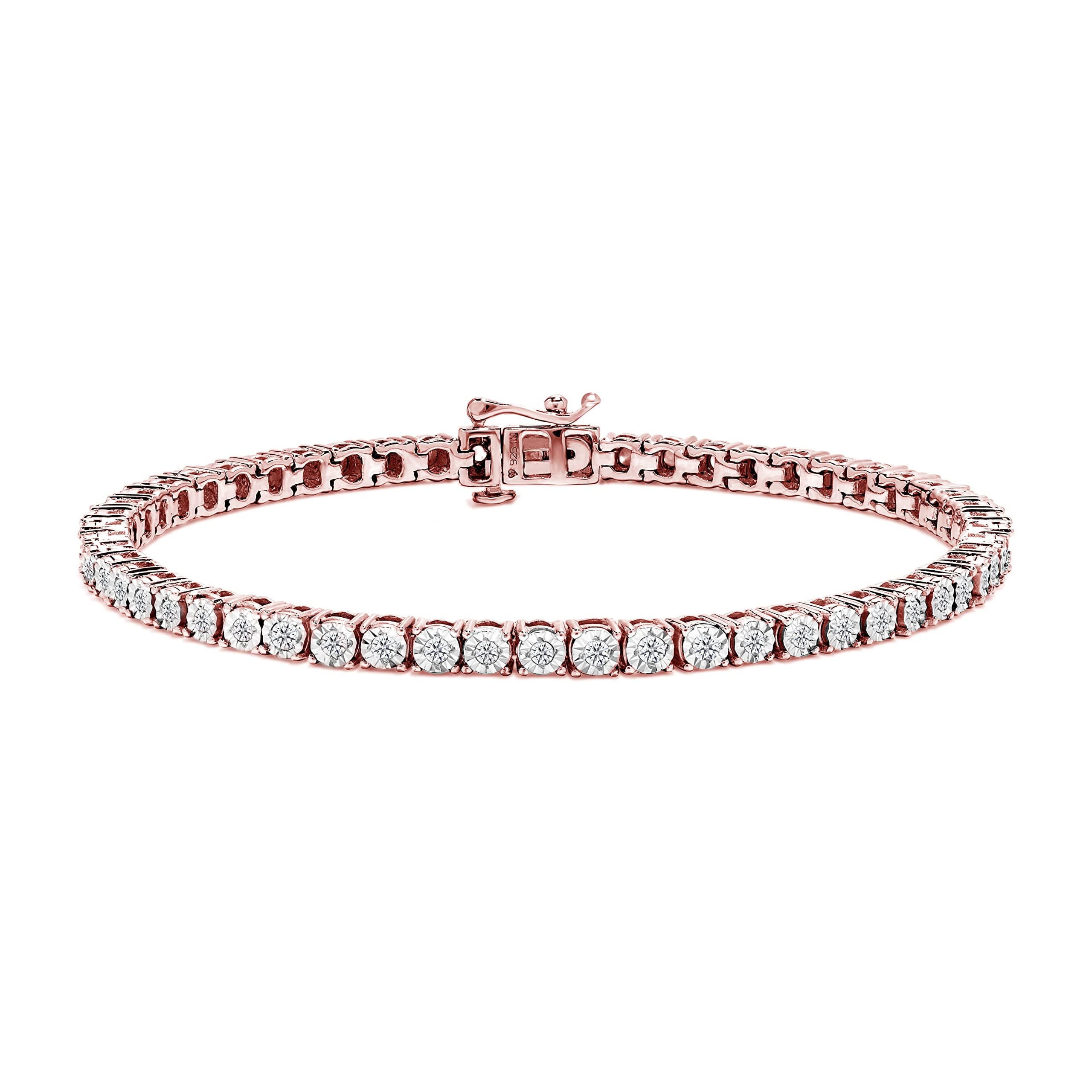 Original Classics 10K Rose Gold Plated .925 Sterling Silver 1.0 Cttw Miracle Set Diamond Round Faceted Bezel Tennis Bracelet (I-J Color, I3 Clarity) - 7"