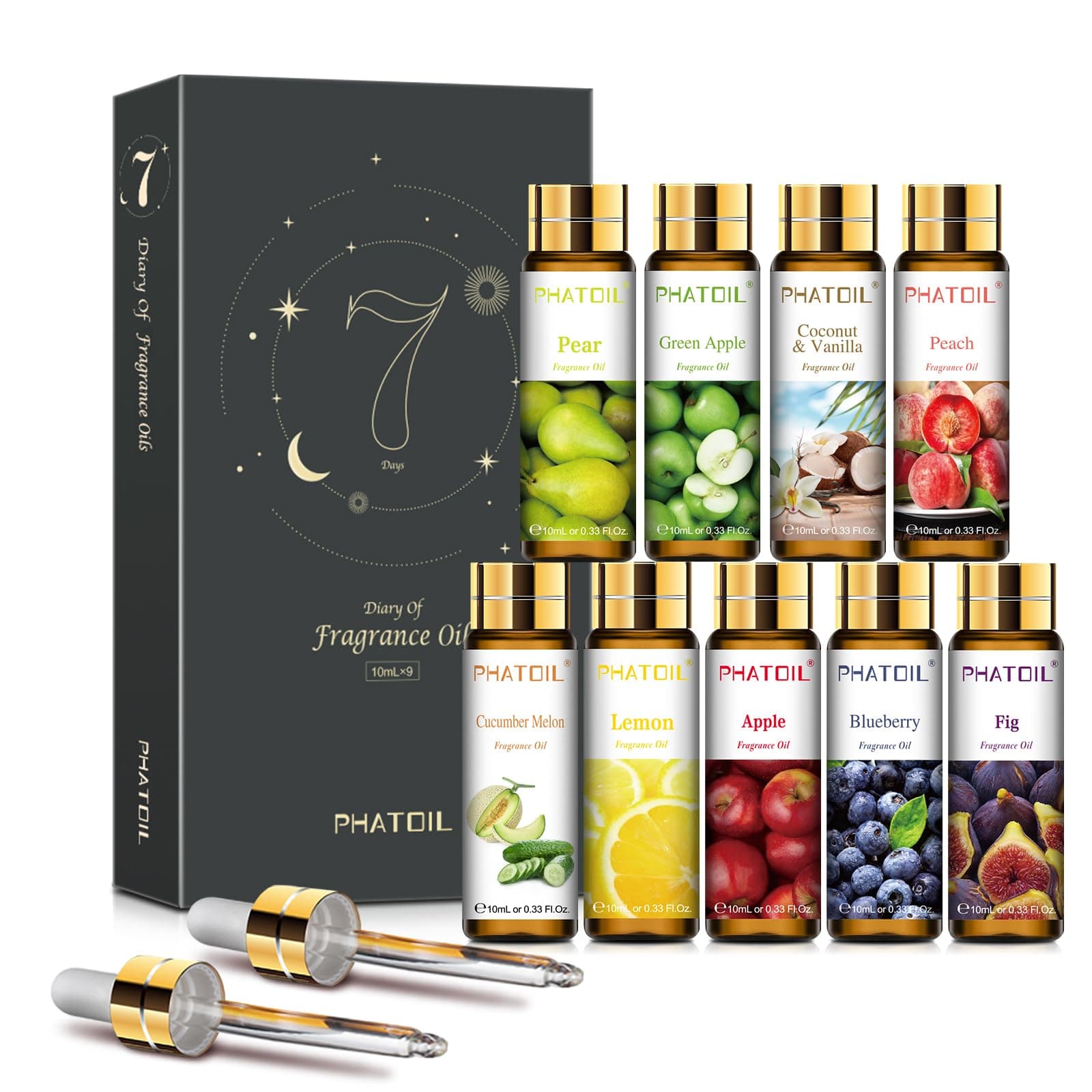 PHATOIL 9PCS Fruit Fragrance Oil Set for Soap Making Diffusers, 10ml/0.33fl.oz Cucumber Melon, Coconut & Vanilla, Peach, Pear, Green Apple, Blueberry, Apple, Fig, Lemon Fragrance Oil Essential Oils