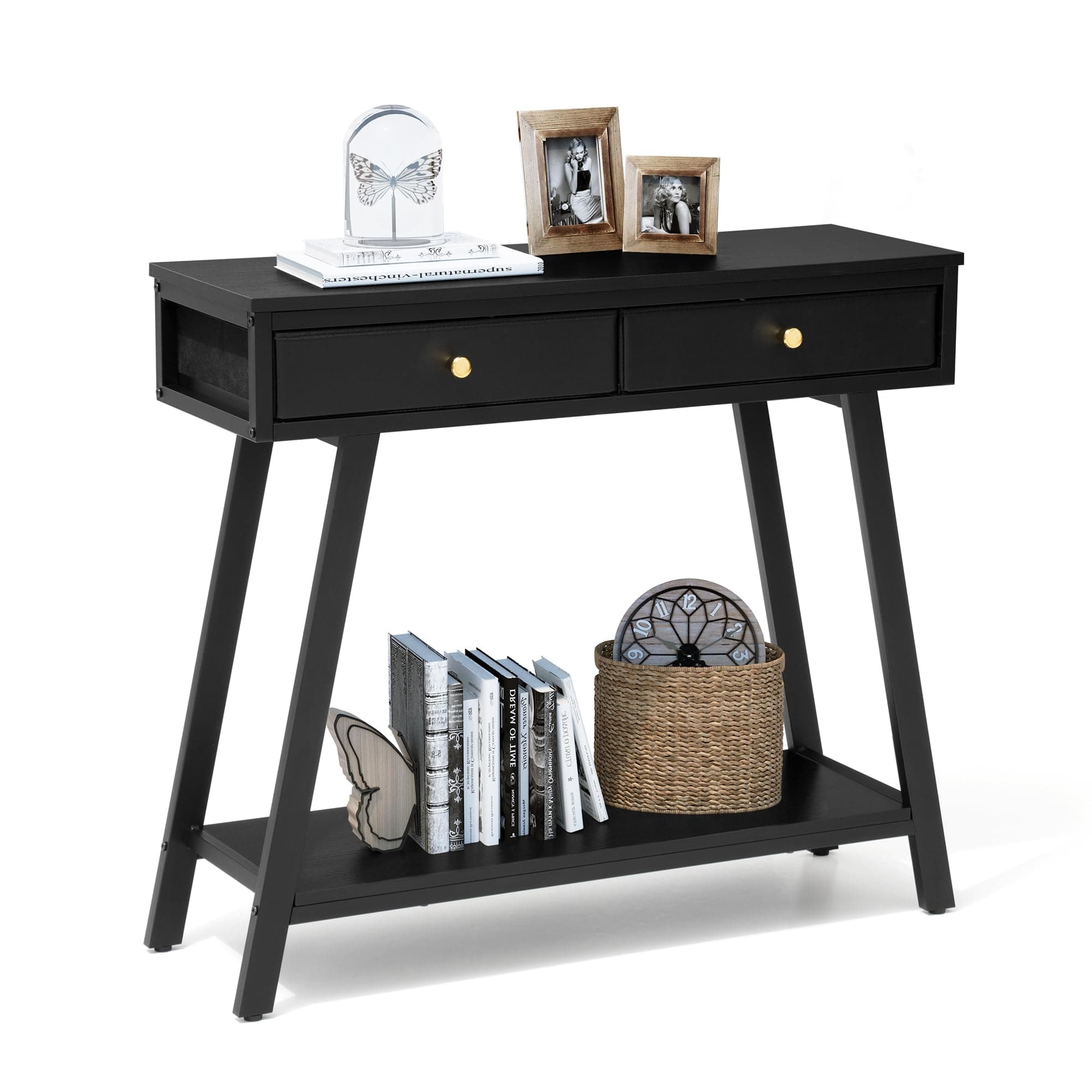 Console Table with Storage for Living Room - Black Narrow Entryway Table with Shelves, Wood Modern Sofa Table for Hallway