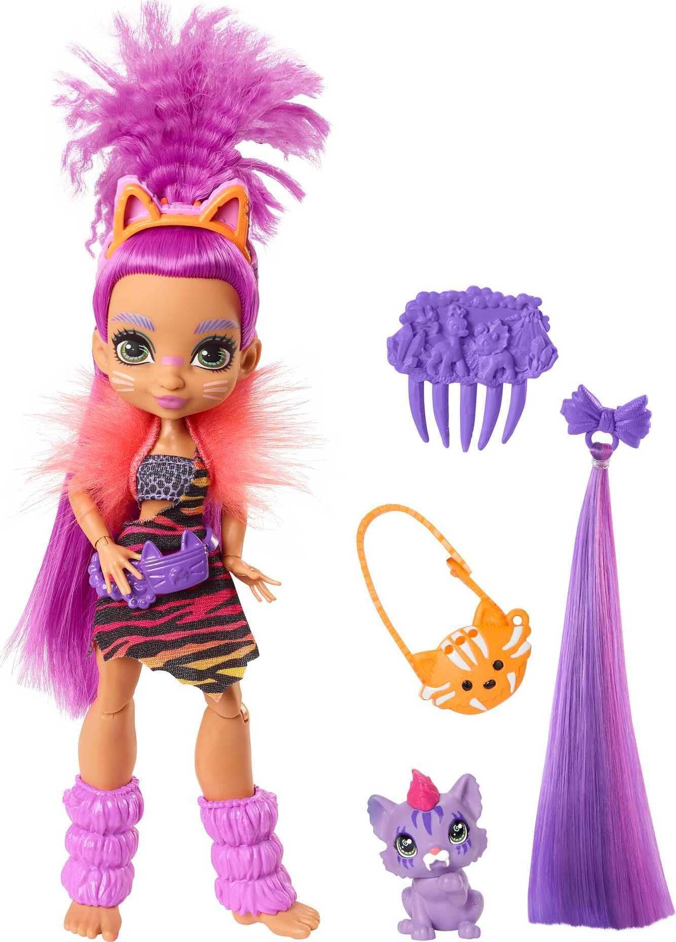 Mattel Cave Club Roaralai Doll 10-inch, Purple Hair Poseable Prehistoric Fashion Doll with Dinosaur Pet and Accessories, Gift for 4 Year Olds and Up [Amazon Exclusive]