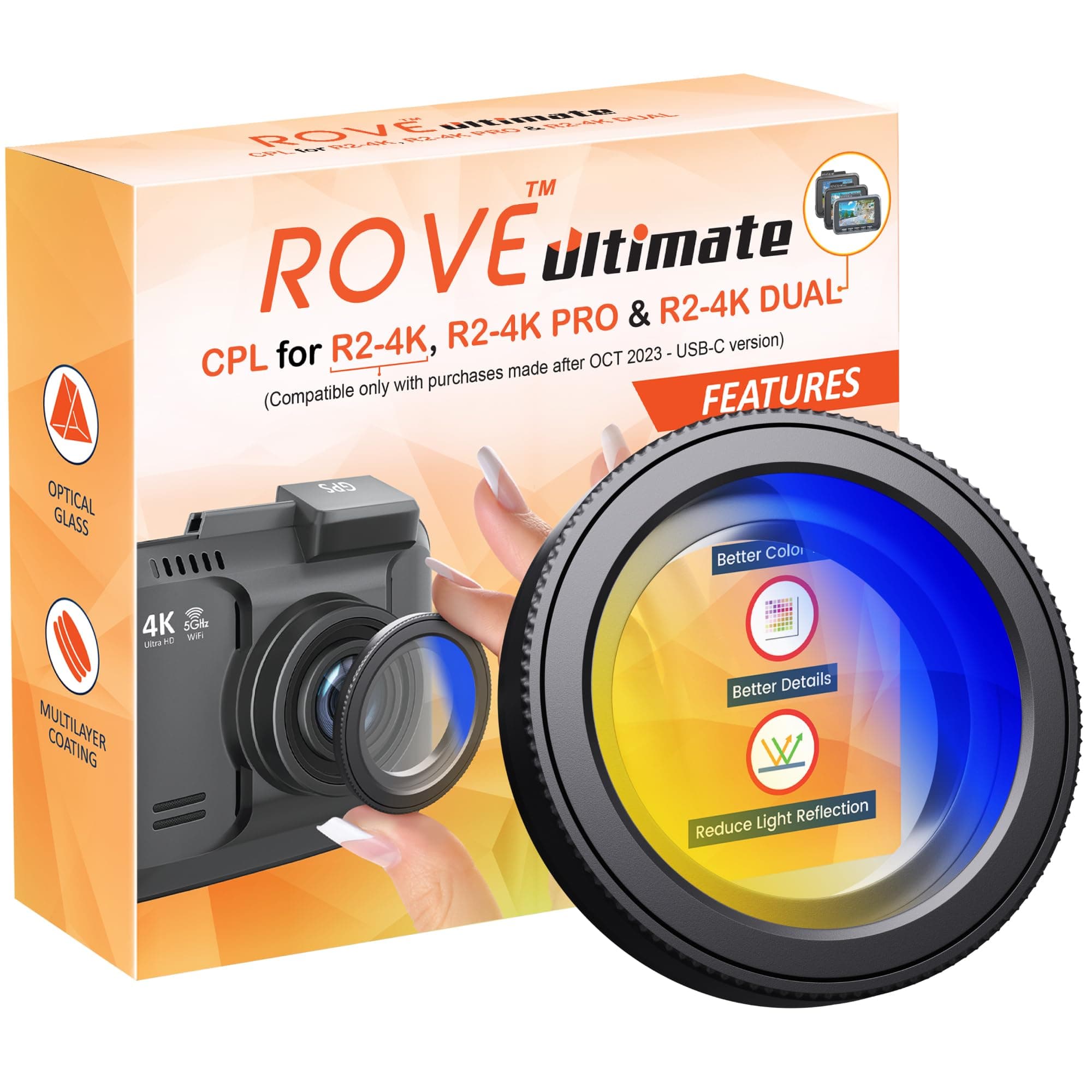 Ultimate CPL Filter, Anti-Glare Circular Polariser Lens for ROVE R2-4K and R2-4K PRO Dash Cam Models