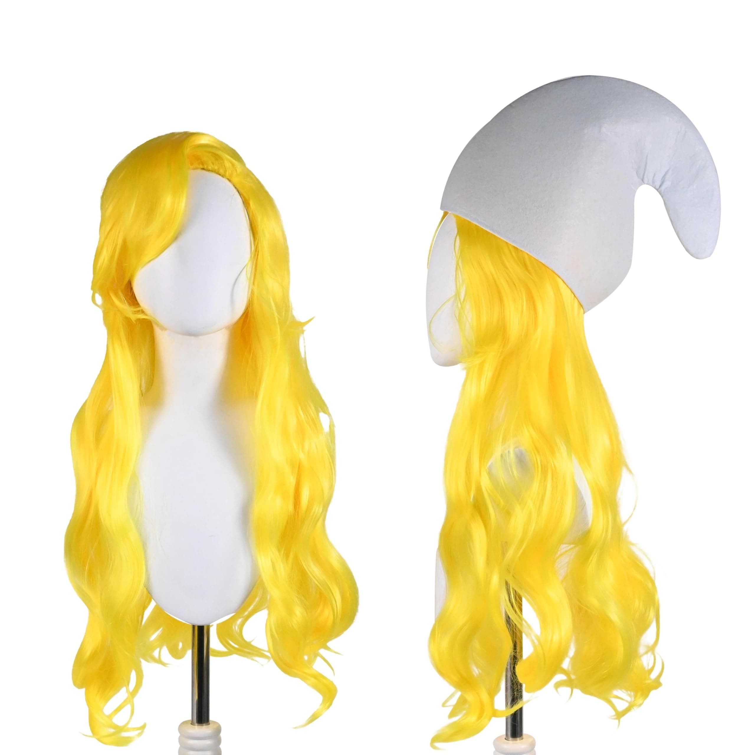 Women Long Yellow Wavy Wig Fluffy Curly Anime Cosplay Hair with Bangs for Funny Halloween Costume Party+White Gnome Hat