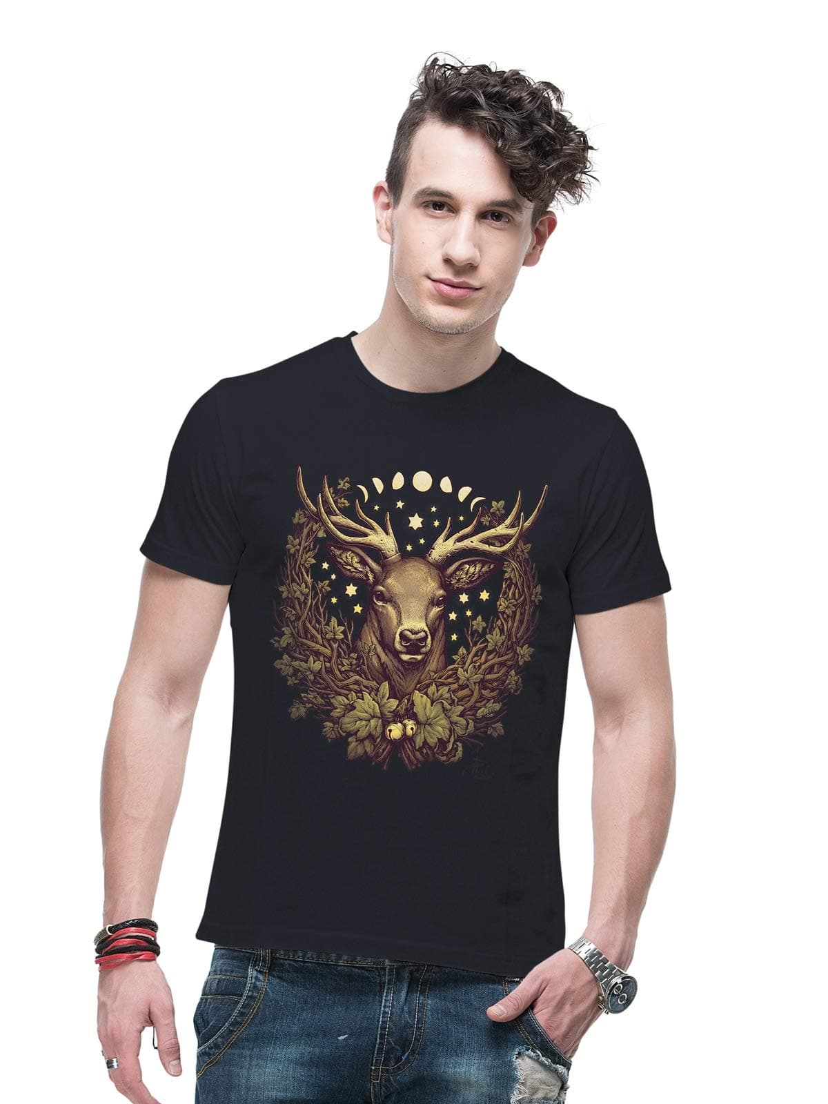 THREADCURRYCernunnos Stag | Animal Deer Creative Fantasy Art Cotton Printed Creative Tshirt for Men