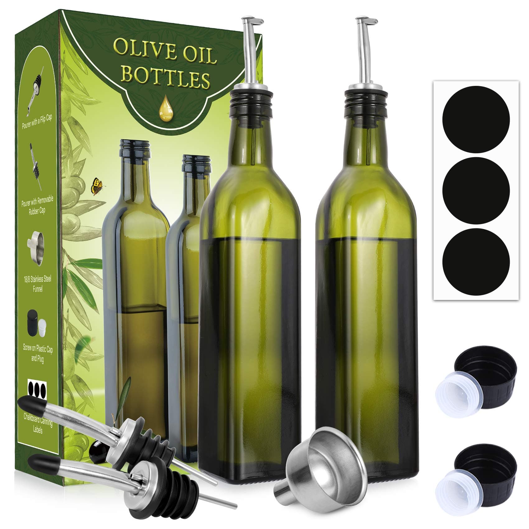 AOZITA [2 PACK 17 oz Glass Olive Oil Dispenser Bottle Set - 500ml Dark Green Oil & Vinegar Cruet Bottle with Pourers, Funnel and Labels - Olive Oil Carafe Decanter for Kitchen