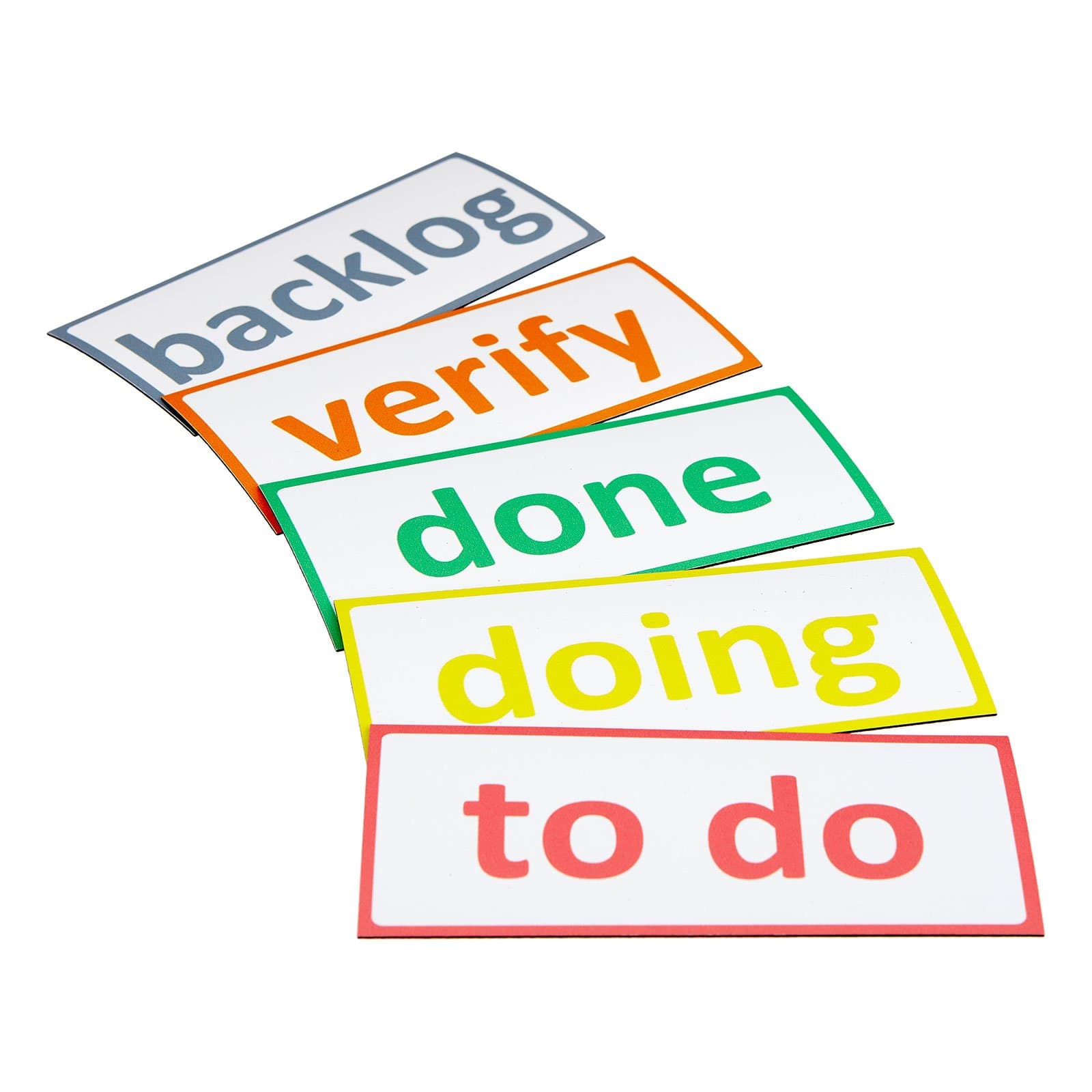 5 magnetic scrum cards, 13.5 cm wide and 6 cm high, backlog, to do, doing, verify, done, e.g. for agile project management (scrum board, kanban board, agile board, lean board, task board)