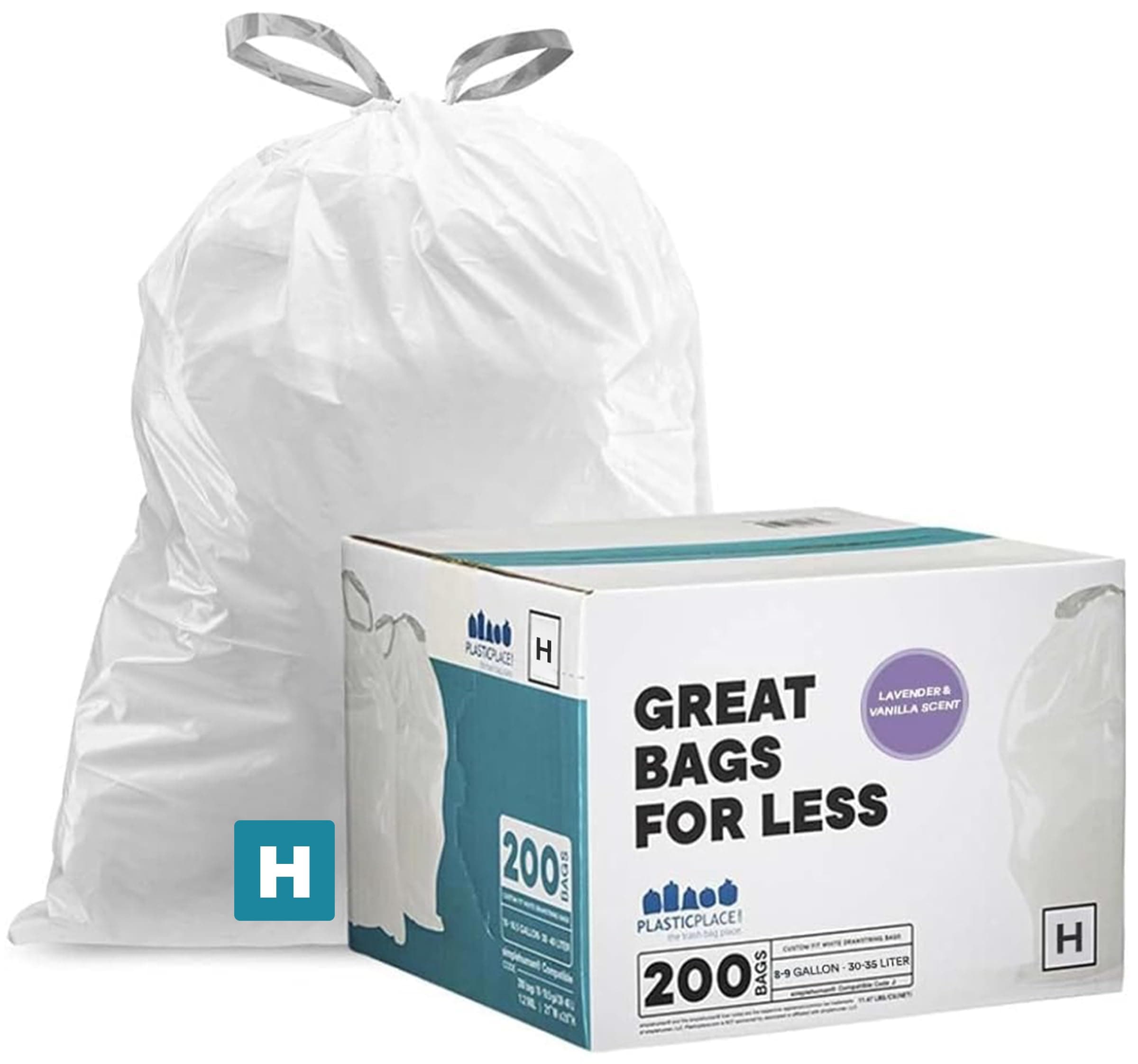 Plasticplace White Drawstring Lavender and Soft Vanilla Scented Garbage Can Liners, Compatible with Code H (200 Count), 8-9 Gallon / 30-35 Liter, 18.5" x 28
