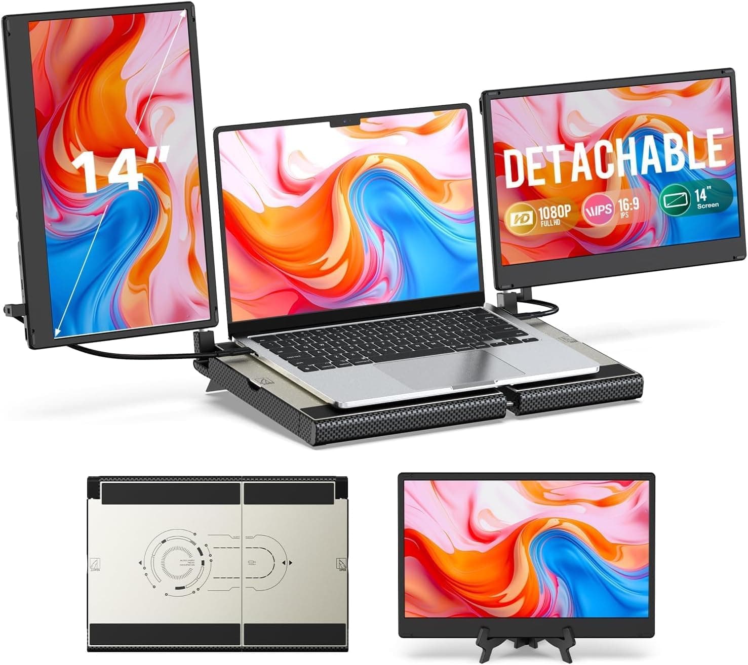 Laptop Screen Extender, 14" Fhd 1080P Monitor Stretchable Base And Detachable Screen, Plug & Play, Triple Extender Compatible With Windows, Mac, Chrome