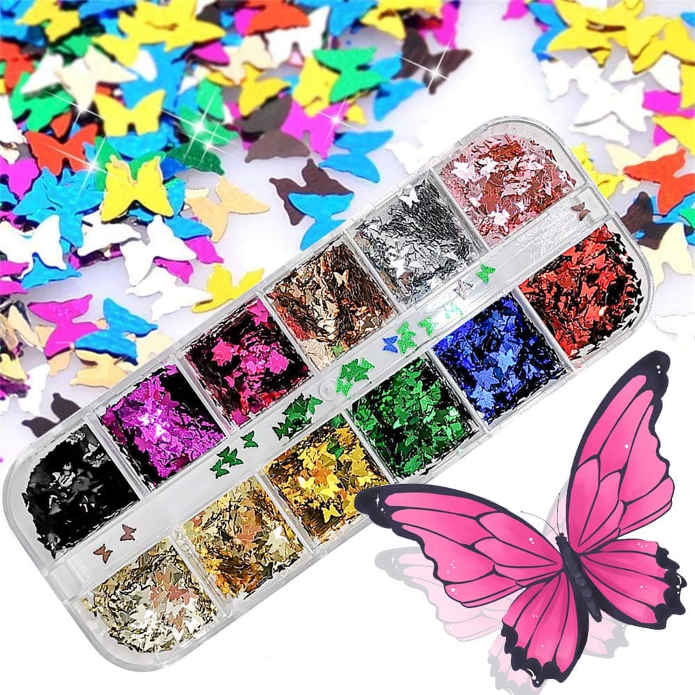 Butterfly Glitter Nail Sequins,3D Nail Art Flakes Colorful Confetti Glitter Sticker,Nail Art Design Makeup DIY Decoration Kit,Nail Sequins for Face Body Eye Hair Nail Art Powder-12 Colors