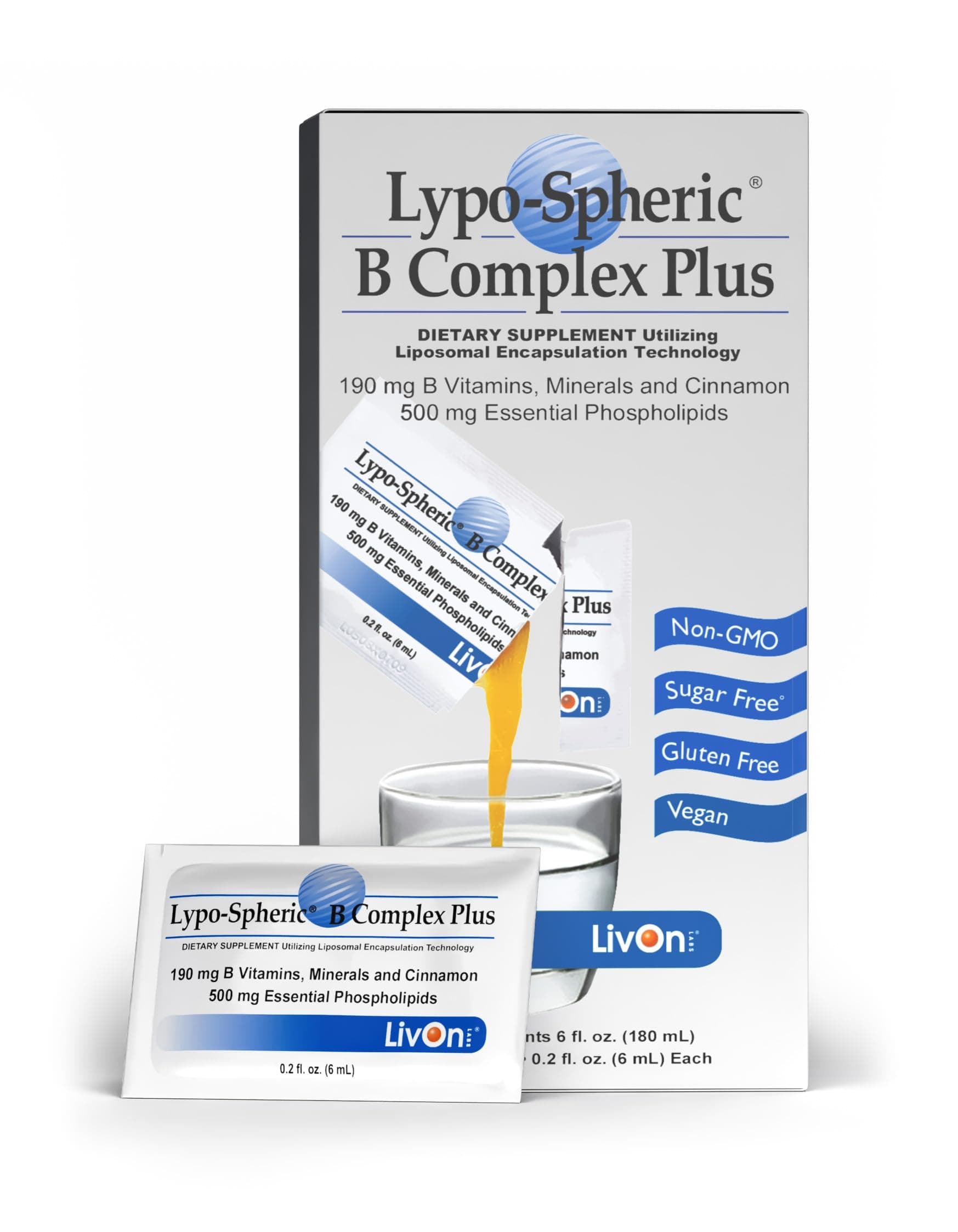Lypo–Spheric B Complex Plus – 30 Packets – 195 mg B Vitamins, Minerals & Cinnamon Per Packet – Liposome Encapsulated for Improved Absorption – 100% Non–GMO