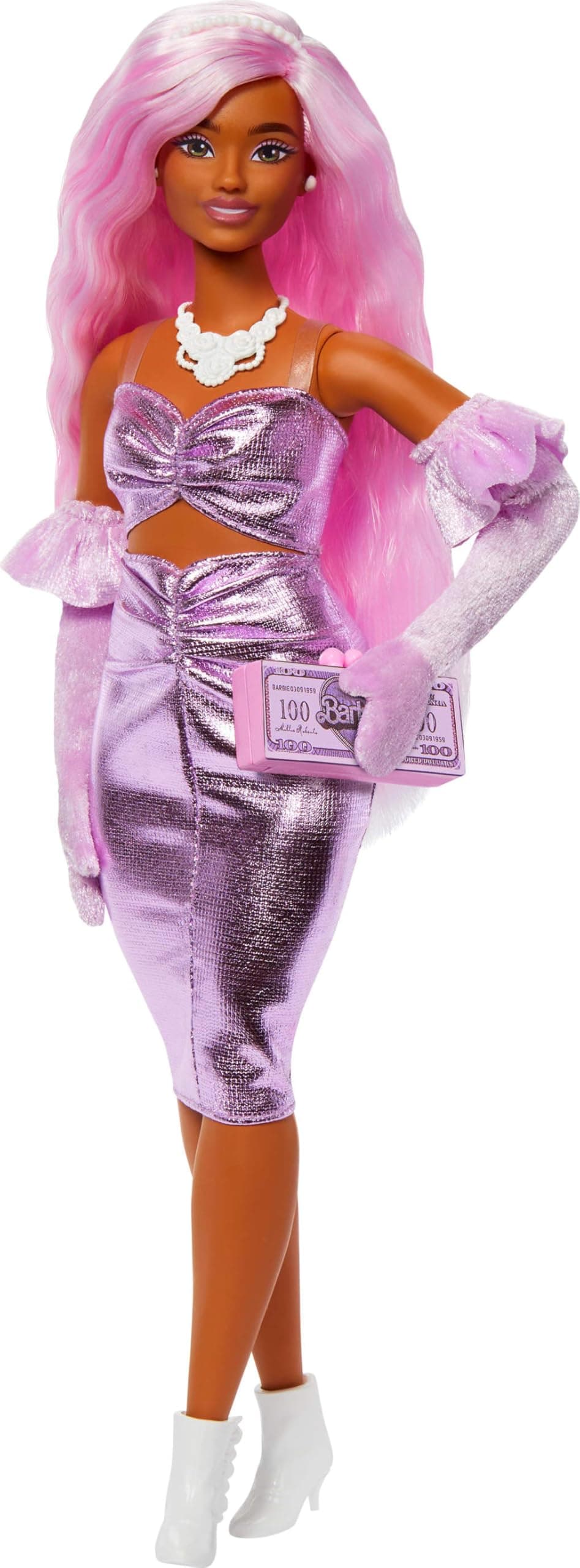Deluxe Style Doll #1 in Barbiecore Outfit, Pink Hair and Glossy Pink Dress with Accessories like Velvet Gloves, Money Purse, and More​​