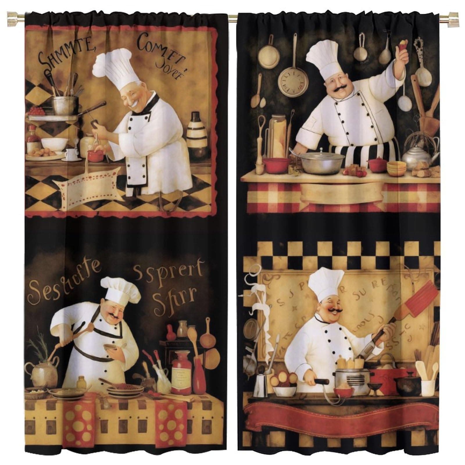 Chef Kitchen Curtains for Window, Retro Art Fat Chef Cooking Food Chef Themed Kitchen Window Treatments for Bedroom Living Room, Brown Plaid Kitchen Curtains 2 Panes Drapes 42x45in