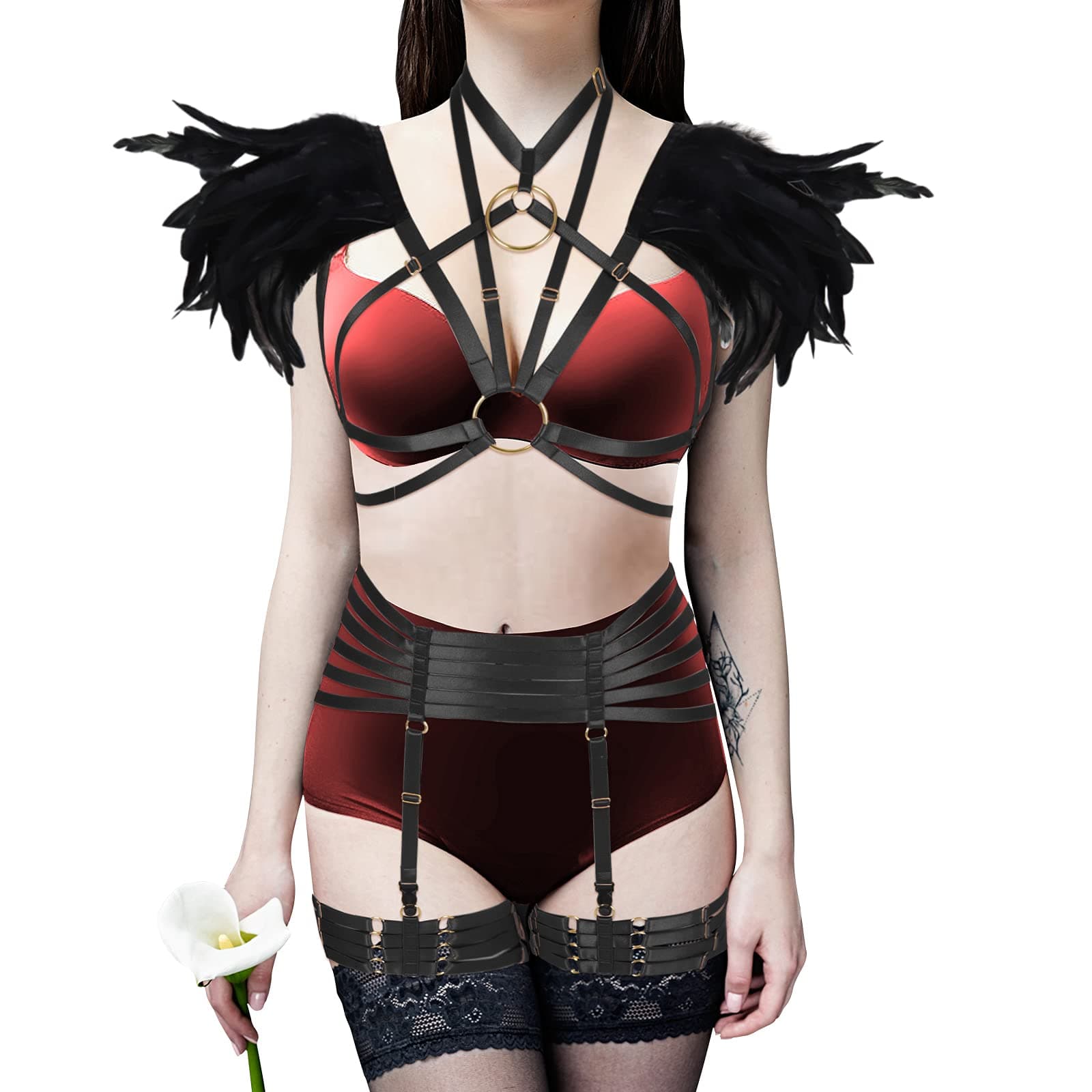 Women Body Harness Feather Garter Belt Cape Stole Black Shrug Shawl Poncho Shoulder Punk Goth Rave Clothing
