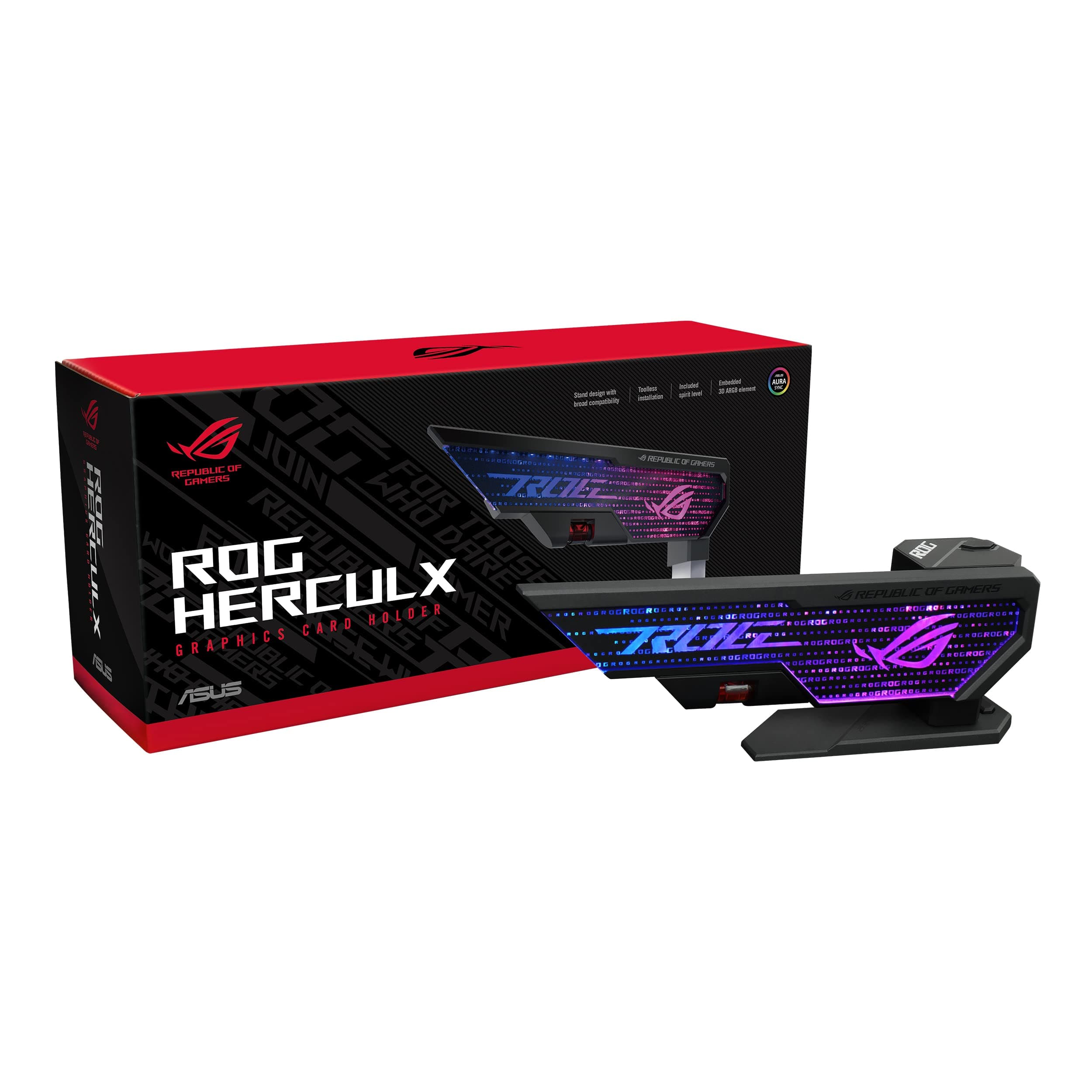 ROG Herculx Graphics Card Holder (Tool-free design, Included spirit level, Solid zinc alloy, 72-128mm, Aura Sync)
