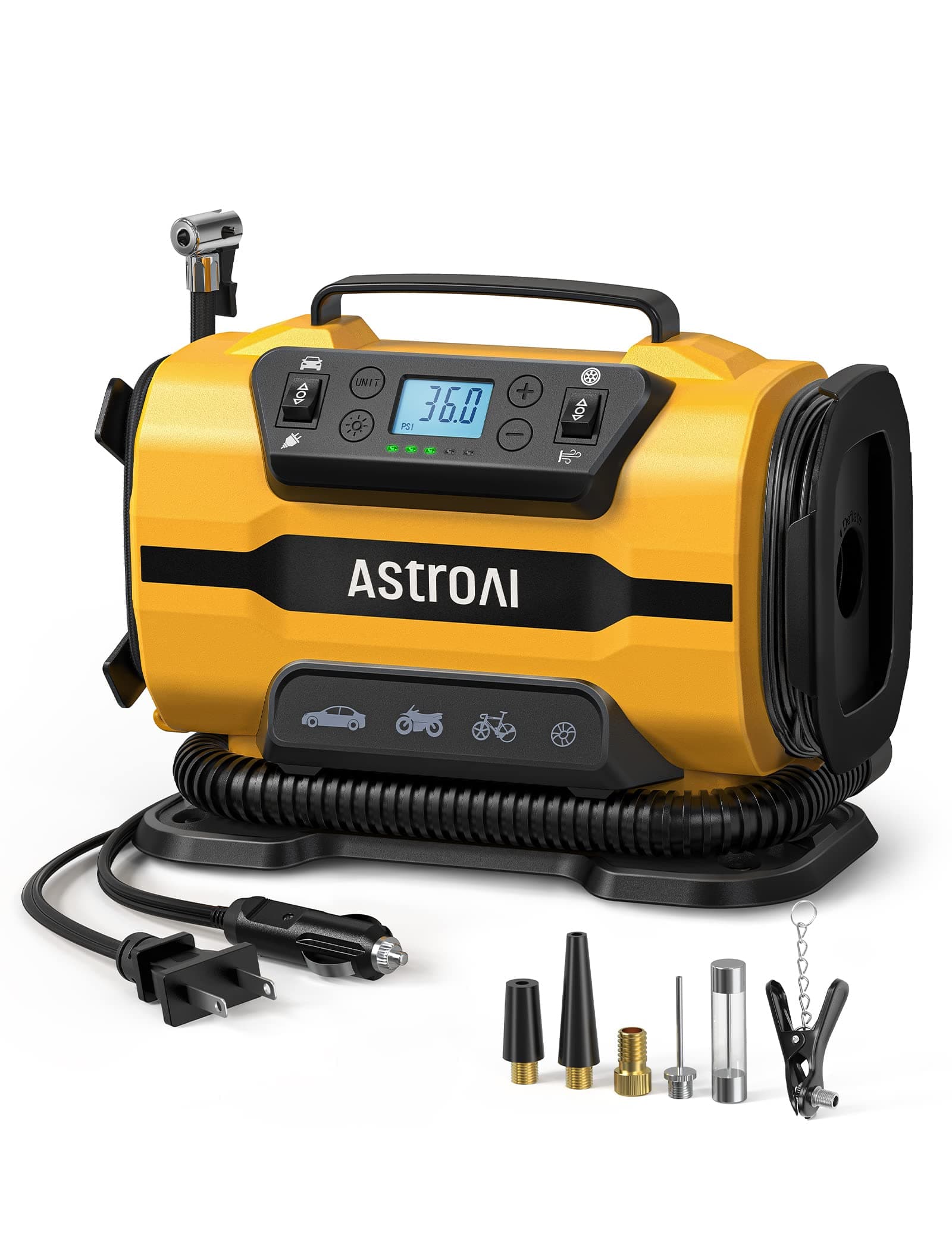 AstroAI Air Compressor, Electric Air Pump, 5 in 1, Tire and Pool, For Automobiles, AC/DC Power, 150 PSI, Automatic Power Off, Memory Function, LED Light, 5 Types of Conversion Nozzles, Presta