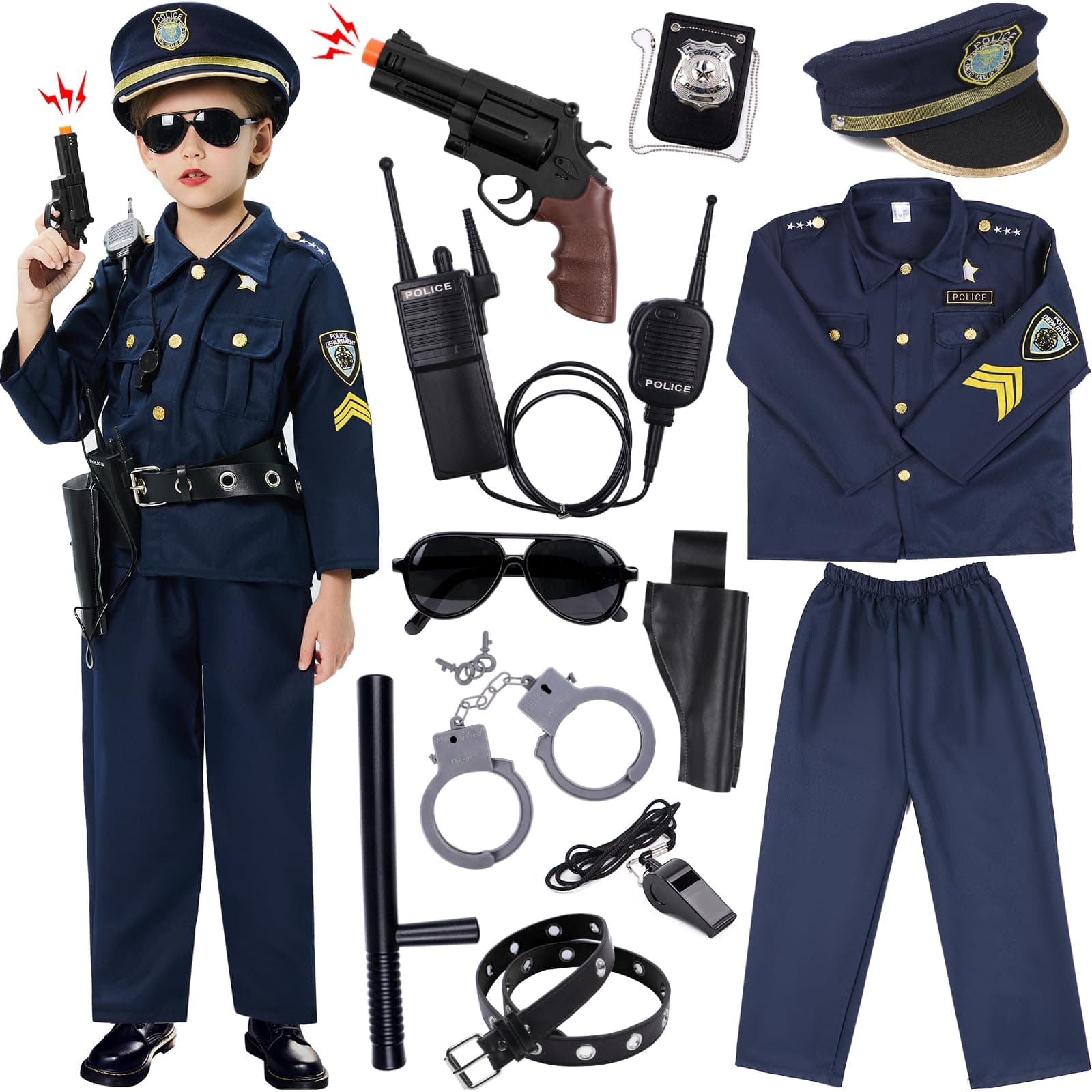 Golray Police Officer Costume for Kids - 12PCS Cop Uniform Outfit Role Play With Accessories, for Boys Girls 3-12 Years Old, Halloween Dress Up
