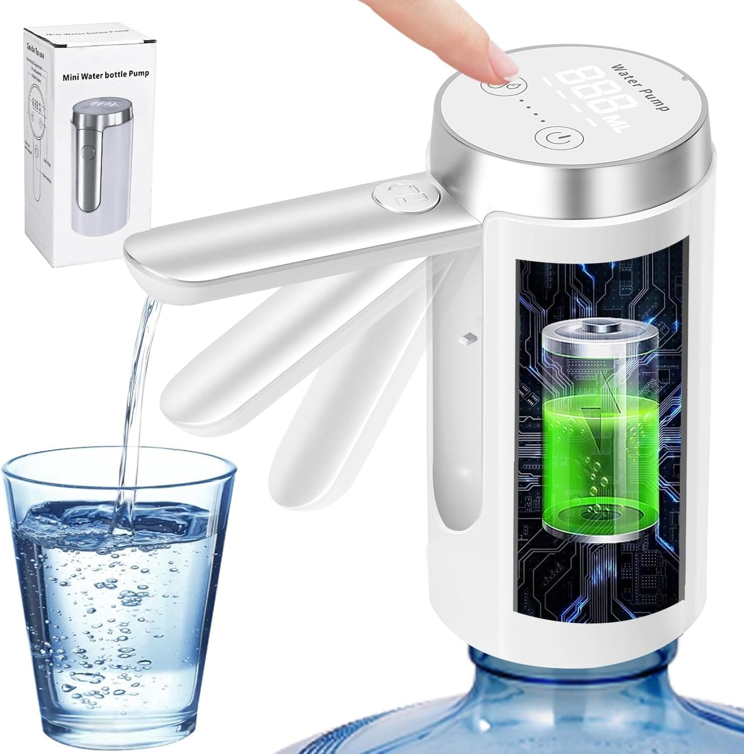 Rness 5 Gallon Water Bottle Pump,Water Dispenser Pump,Foldable Spout, Smart LED Display, Quiet Operation, Long-Lasting 1200mAh Battery, Food-Grade Material, Portable for Home, Office & Outdoor Use