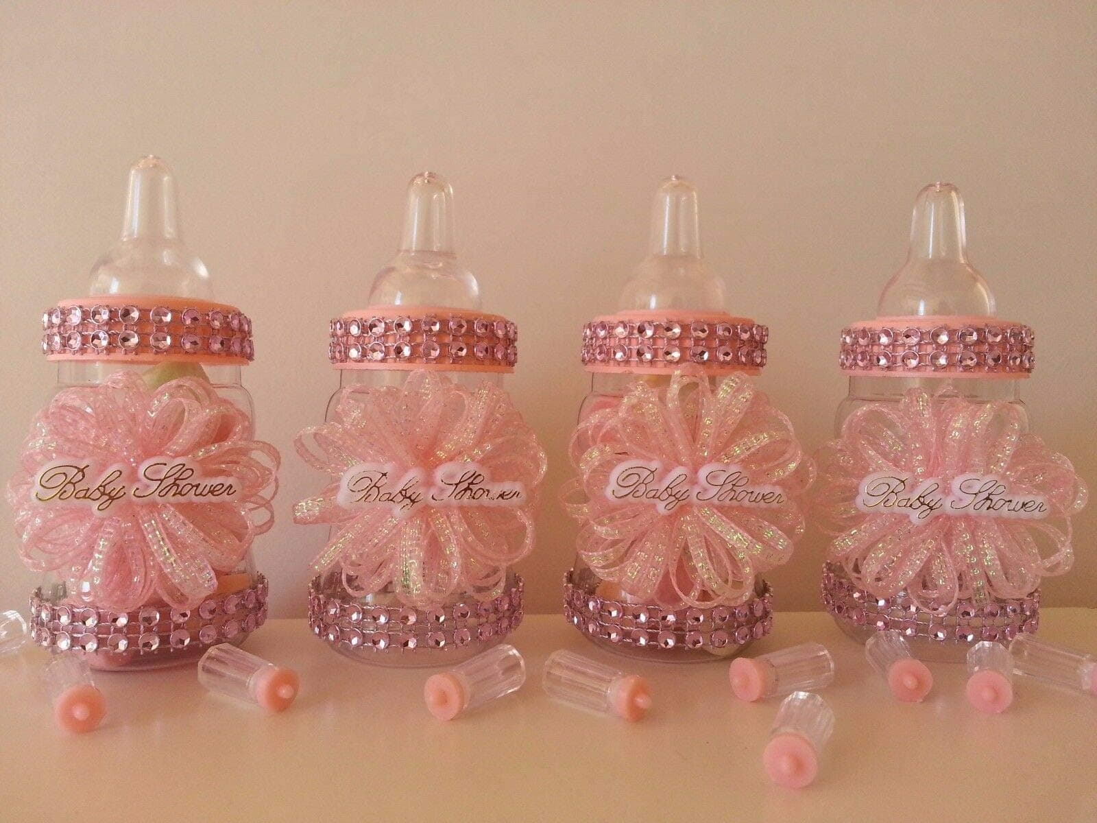 12 Pink Fillable Bottles Baby Shower Favors Prizes Games It's a Girl Decoration