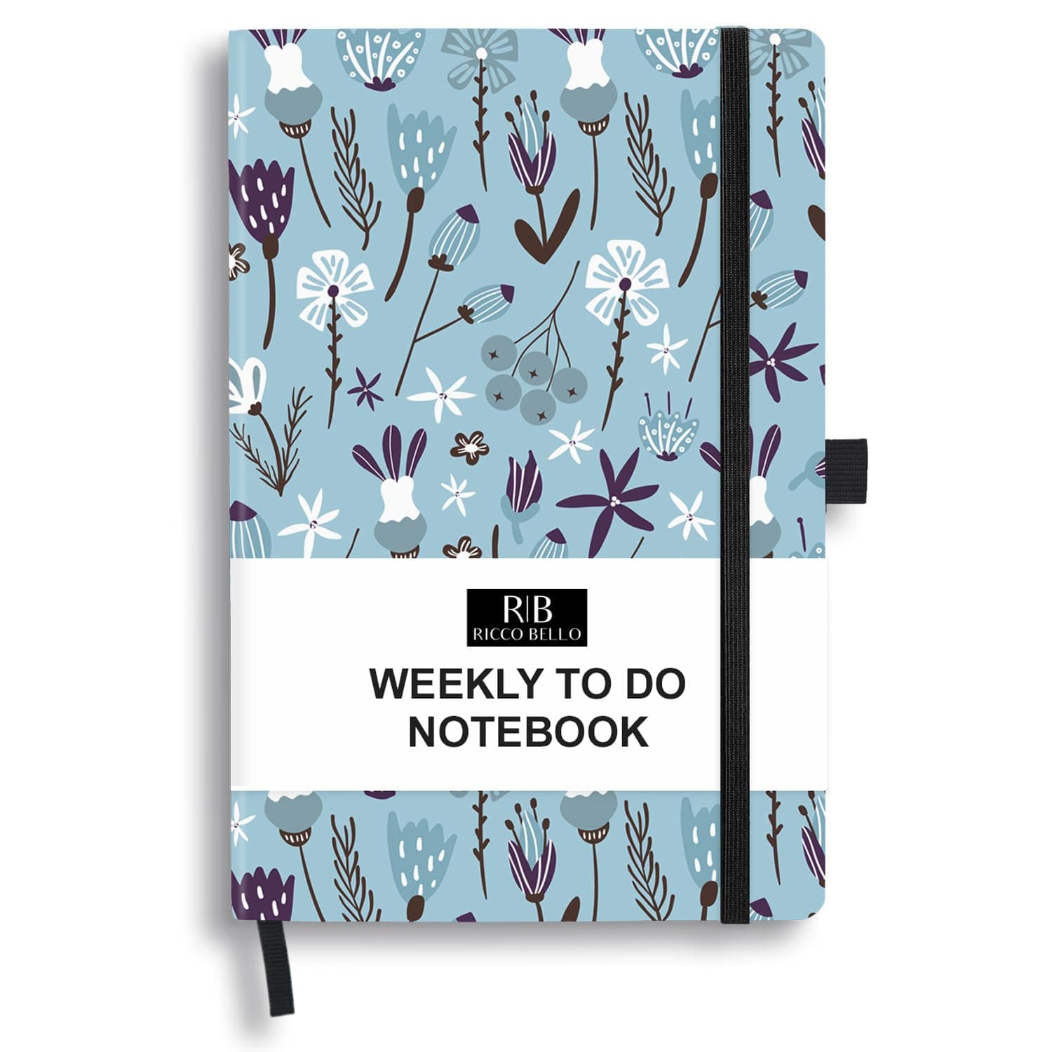 RICCO BELLO Undated Weekly Planner To Do Notebook | Hardcover, for Work, School, Home with Pen Loop, Bookmark, Band Closure, Storage Pocket, 5.7 x 8.4 Inches (Blue Floral)