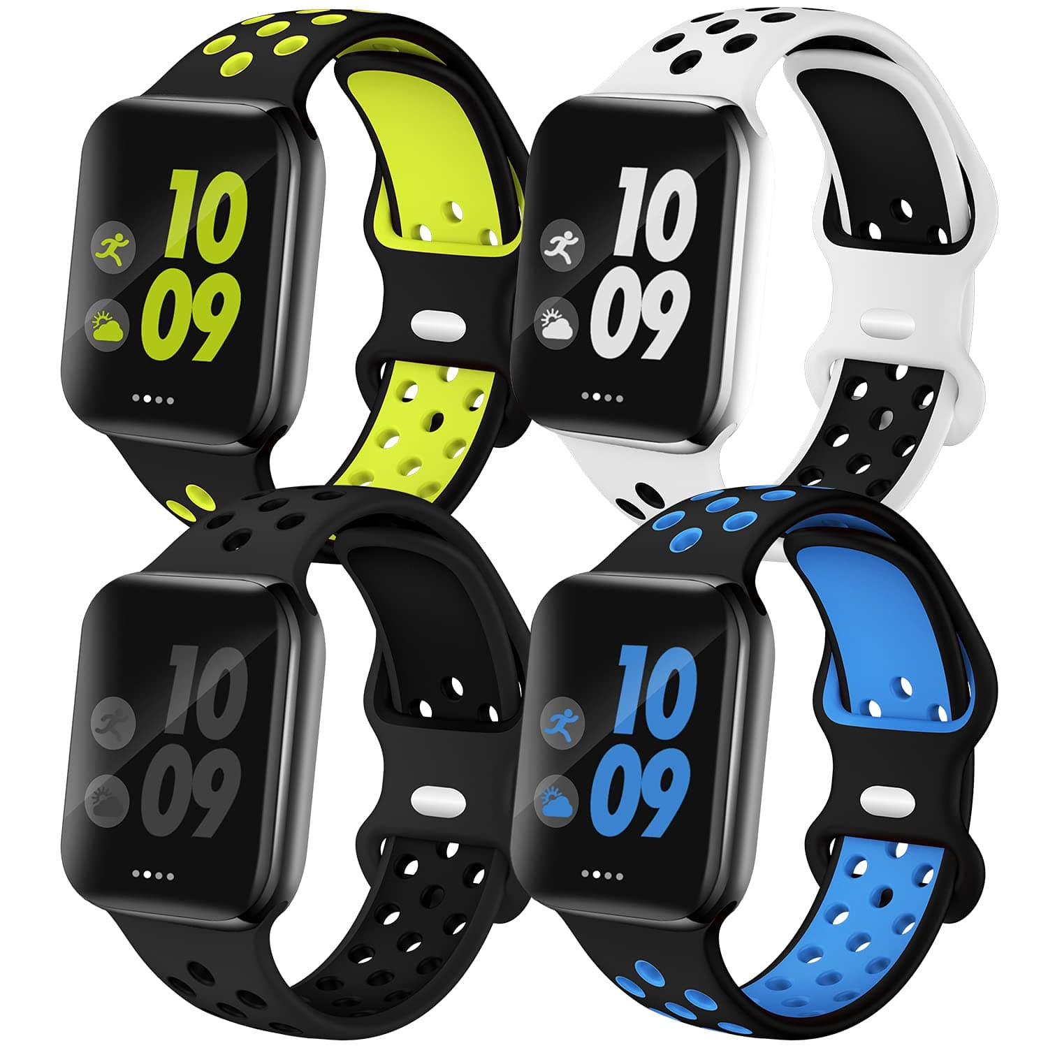 4 Pack Sport Bands Compatible with Apple Watch Band 38mm 40mm 41mm 42mm 44mm 45mm 49mm for Men Women, Soft Silicone Strap Breathable Band for iWatch Series 9 8 7 6 5 4 3 2 1 SE/Ultra, Nike+